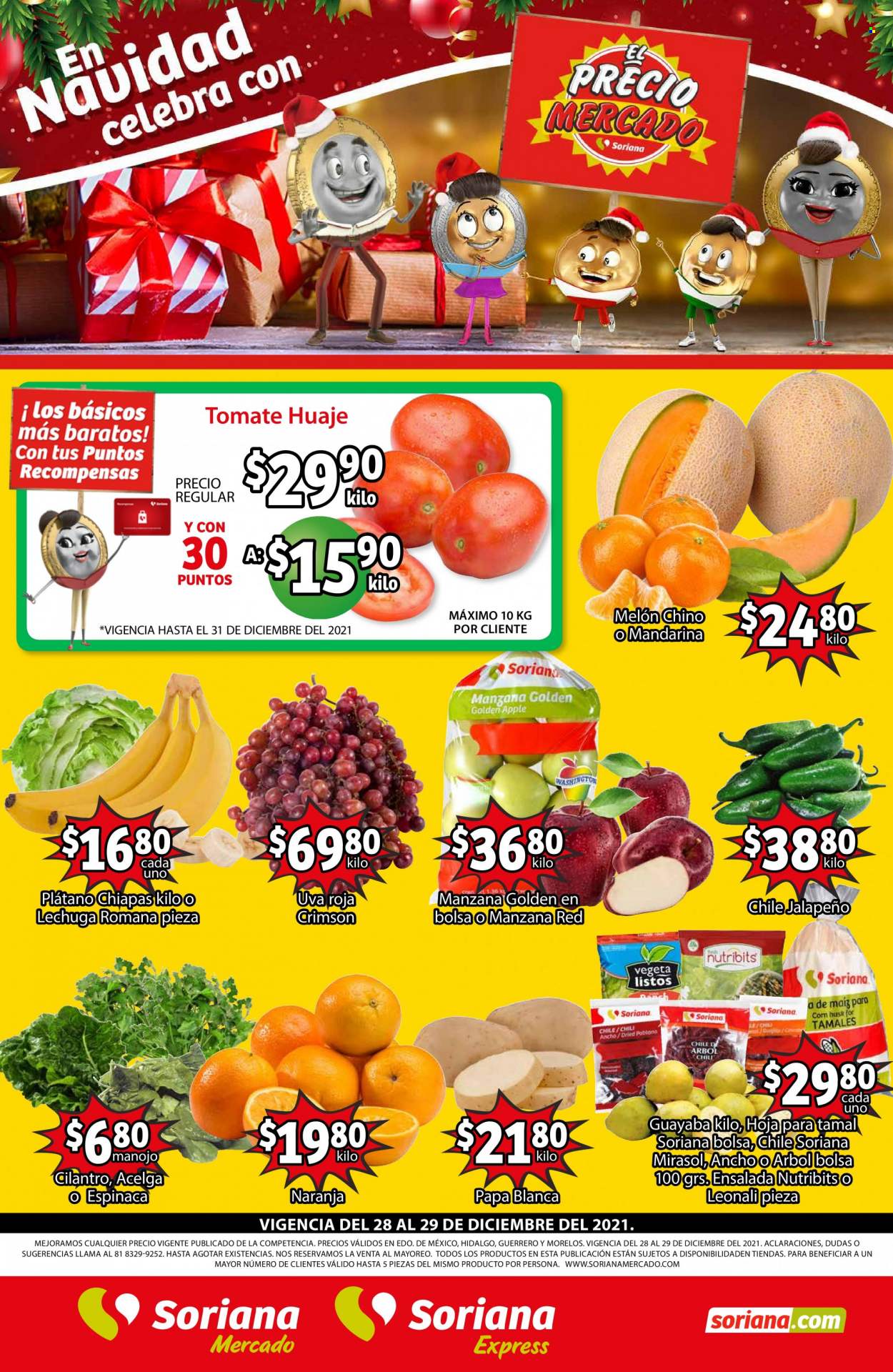 thumbnail - Folleto actual Soriana - 28.12.2021 - 29.12.2021 - Ventas - uva, naranja, plátano, tomate, ensalada, lechuga, papa, espinaca, bolso. Página 2.