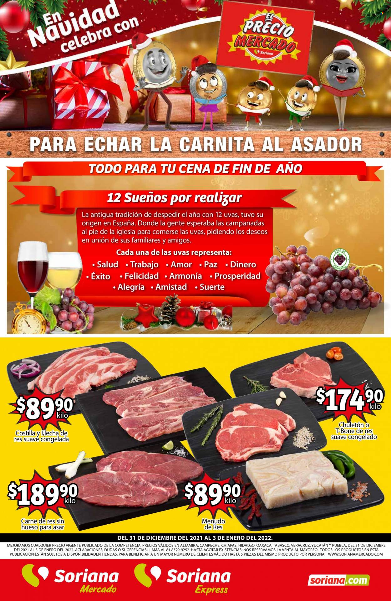 thumbnail - Folleto actual Soriana - 31.12.2021 - 3.1.2022 - Ventas - costilla, chuletón, t-bone steak, uva, tabasco. Página 1.