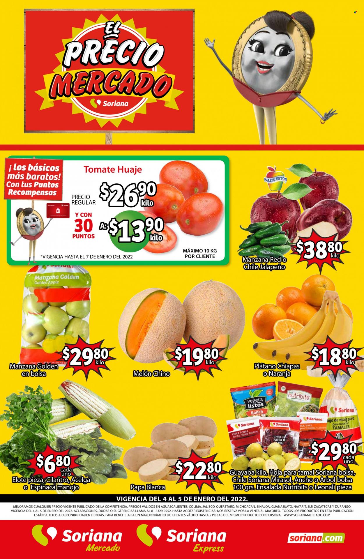 thumbnail - Folleto actual Soriana - 4.1.2022 - 5.1.2022 - Ventas - plátano, tomate, ensalada, papa, espinaca, bolso. Página 1.