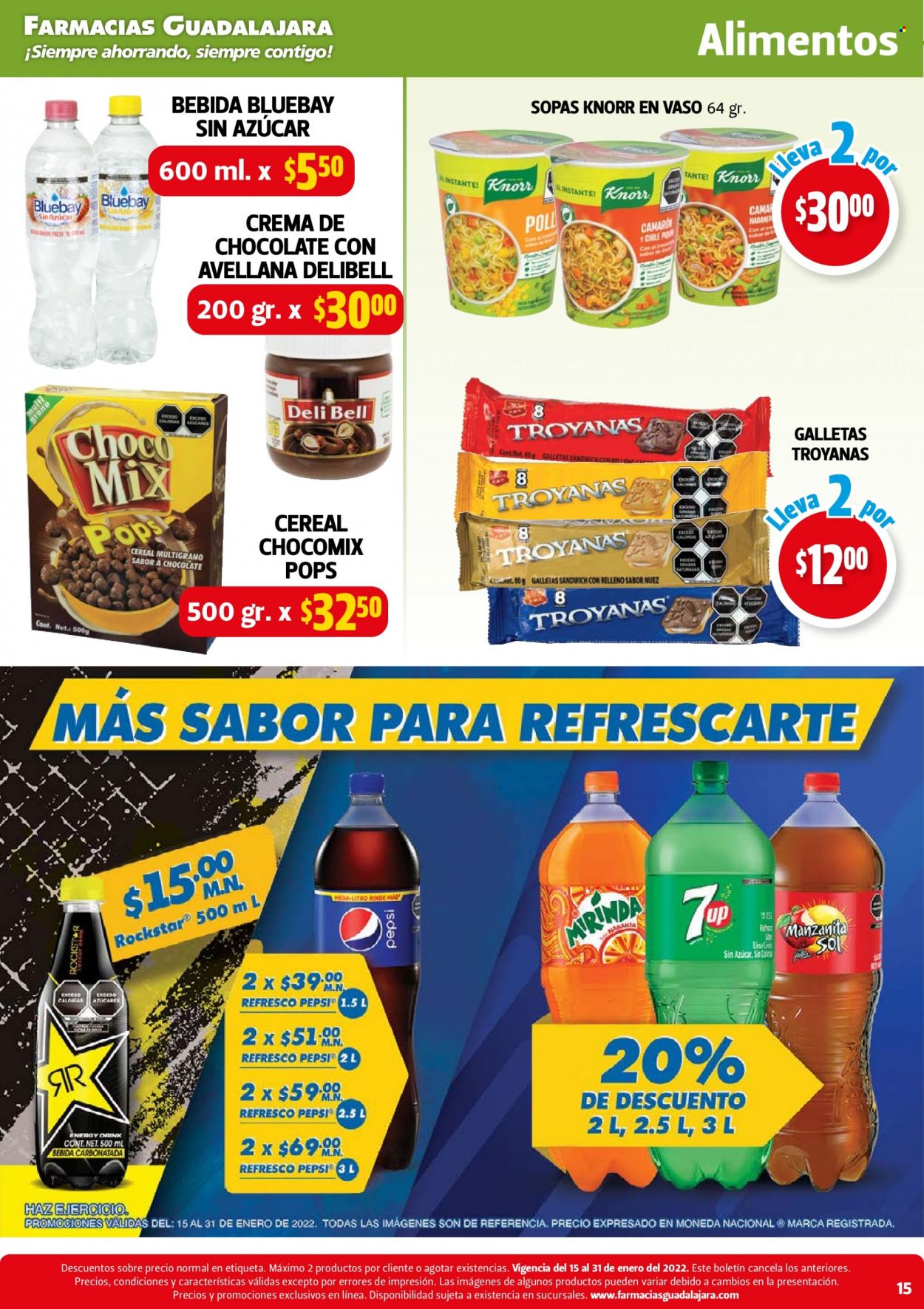 thumbnail - Folleto actual Farmacias Guadalajara - 15.1.2022 - 31.1.2022 - Ventas - camarón, Knorr, sopa, galletas, cereales, nueces, refresco, bebida, Pepsi. Página 15.