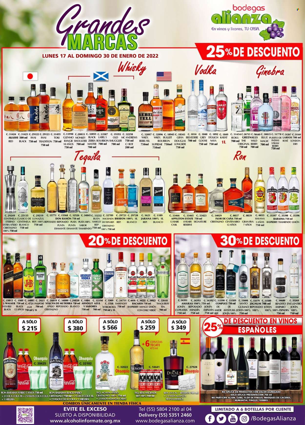 thumbnail - Folleto actual Bodegas Alianza - 17.1.2022 - 30.1.2022 - Ventas - Andes, ron, Absolut, Bacardi, bourbon, Flor de Caña, gin, ginebra, J&B, Larios, Smirnoff, Tanqueray, tequila, vodka, whisky. Página 1.