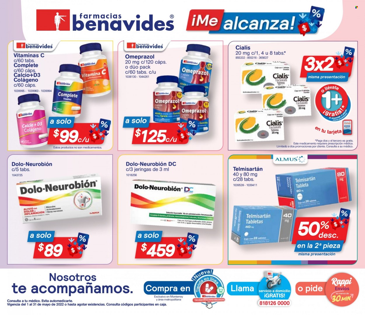 thumbnail - Folleto actual Farmacias Benavides - 1.5.2022 - 31.5.2022 - Ventas - Calcio, Omeprazol, Telmisartan, Colágeno. Página 1.