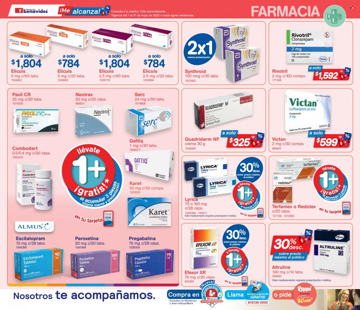 thumbnail - Folleto actual Farmacias Benavides - 1.5.2022 - 31.5.2022 - Ventas - crema, Escitalopram, Pregabalina, Combodart. Página 11.