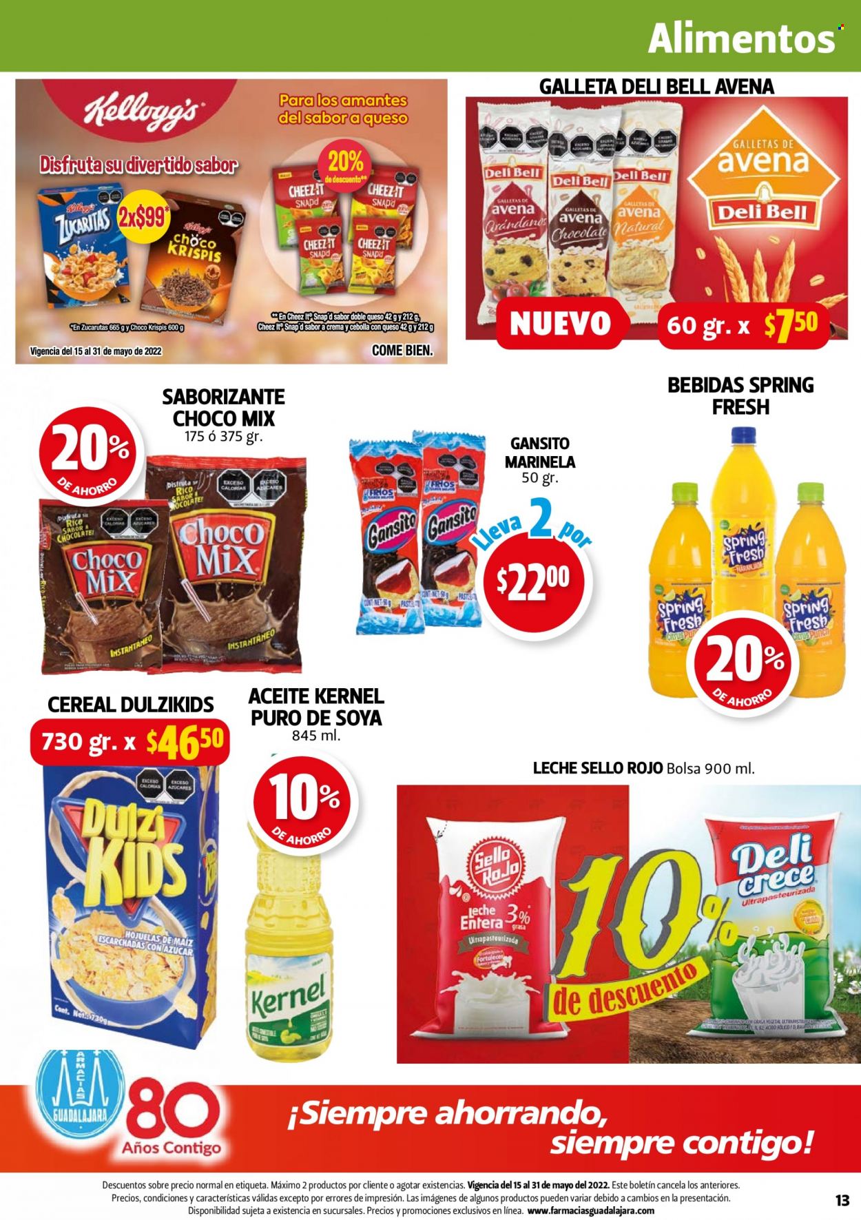thumbnail - Folleto actual Farmacias Guadalajara - 15.5.2022 - 31.5.2022 - Ventas - galletas, cereales, aceite, bebida. Página 13.