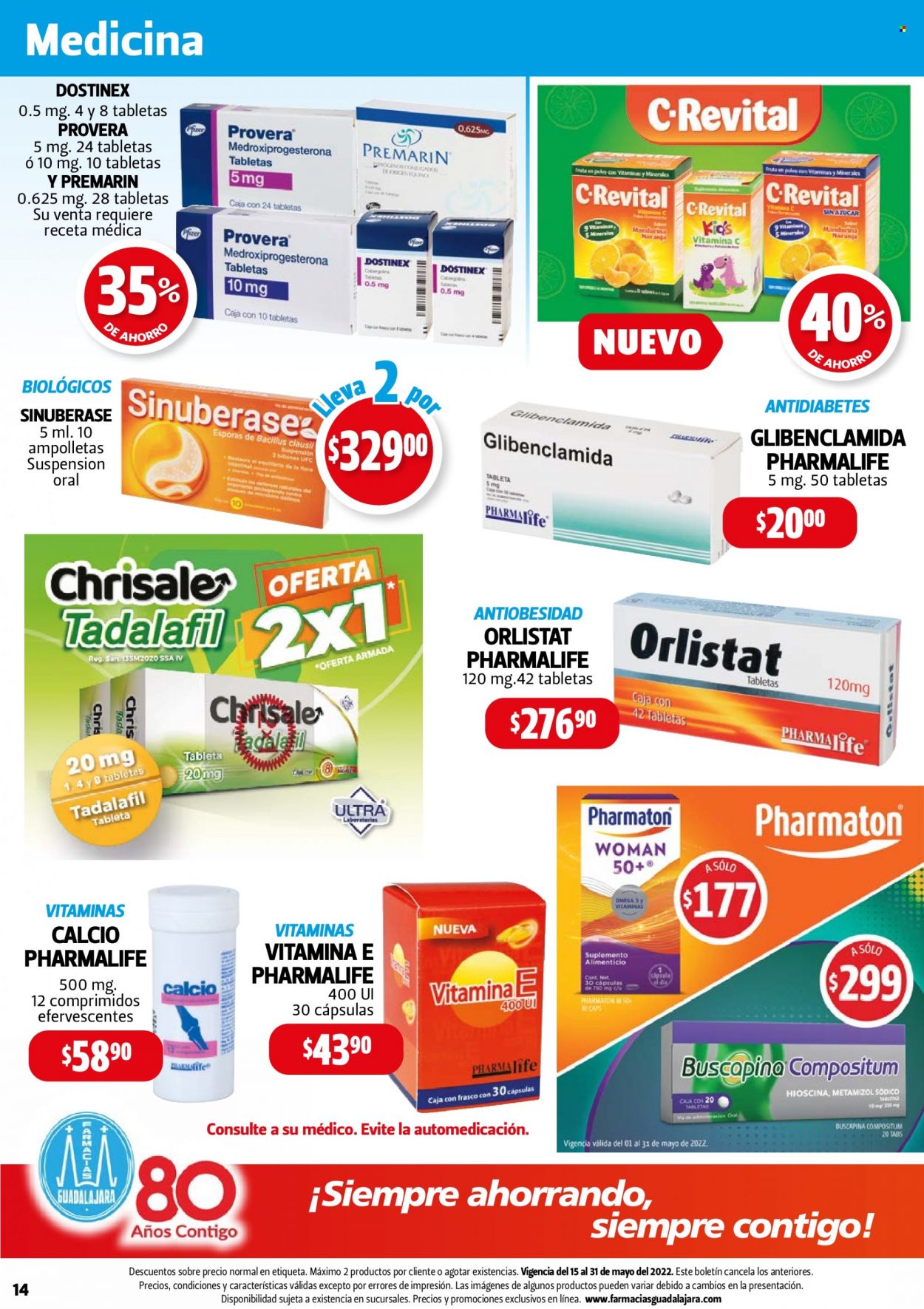 thumbnail - Folleto actual Farmacias Guadalajara - 15.5.2022 - 31.5.2022 - Ventas - naranja, tableta, Calcio, Pharmaton, Sinuberase, Pharmalife, suplemento alimenticio. Página 14.