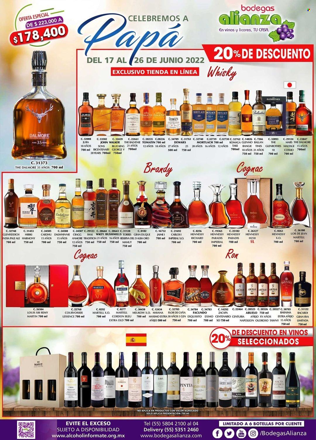 thumbnail - Folleto actual Bodegas Alianza - 17.6.2022 - 26.6.2022 - Ventas - ron, Bacardi, Ballantine's, brandy, cognac, Flor de Caña, Glenrothes, Napoleón, whisky, Zacapa, Dalmore. Página 1.
