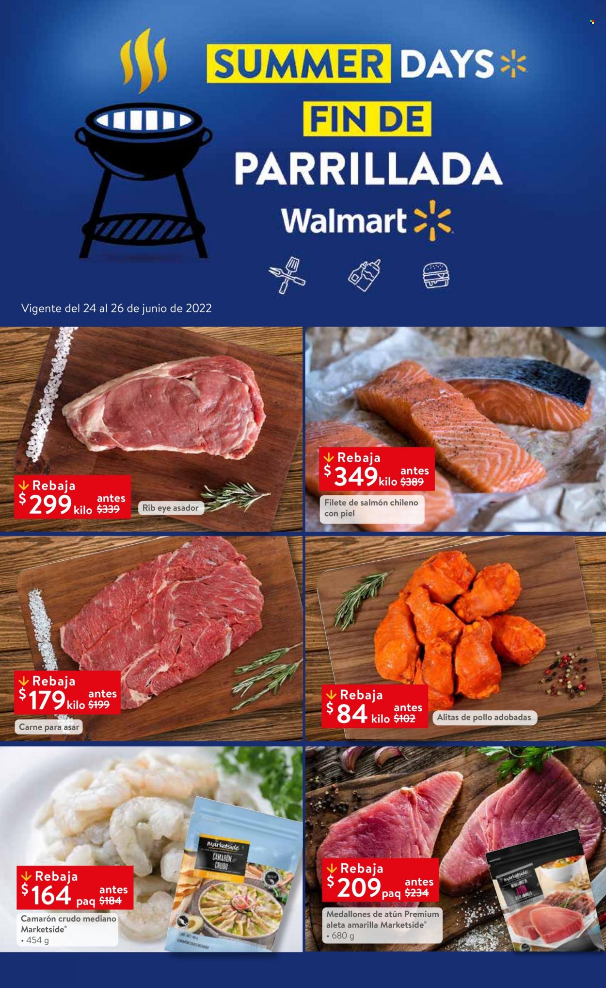 thumbnail - Folleto actual Walmart - 24.6.2022 - 26.6.2022 - Ventas - carne para asar, medallón de carne, alitas de pollo, pollo, camarón, salmón, filete de salmón. Página 1.