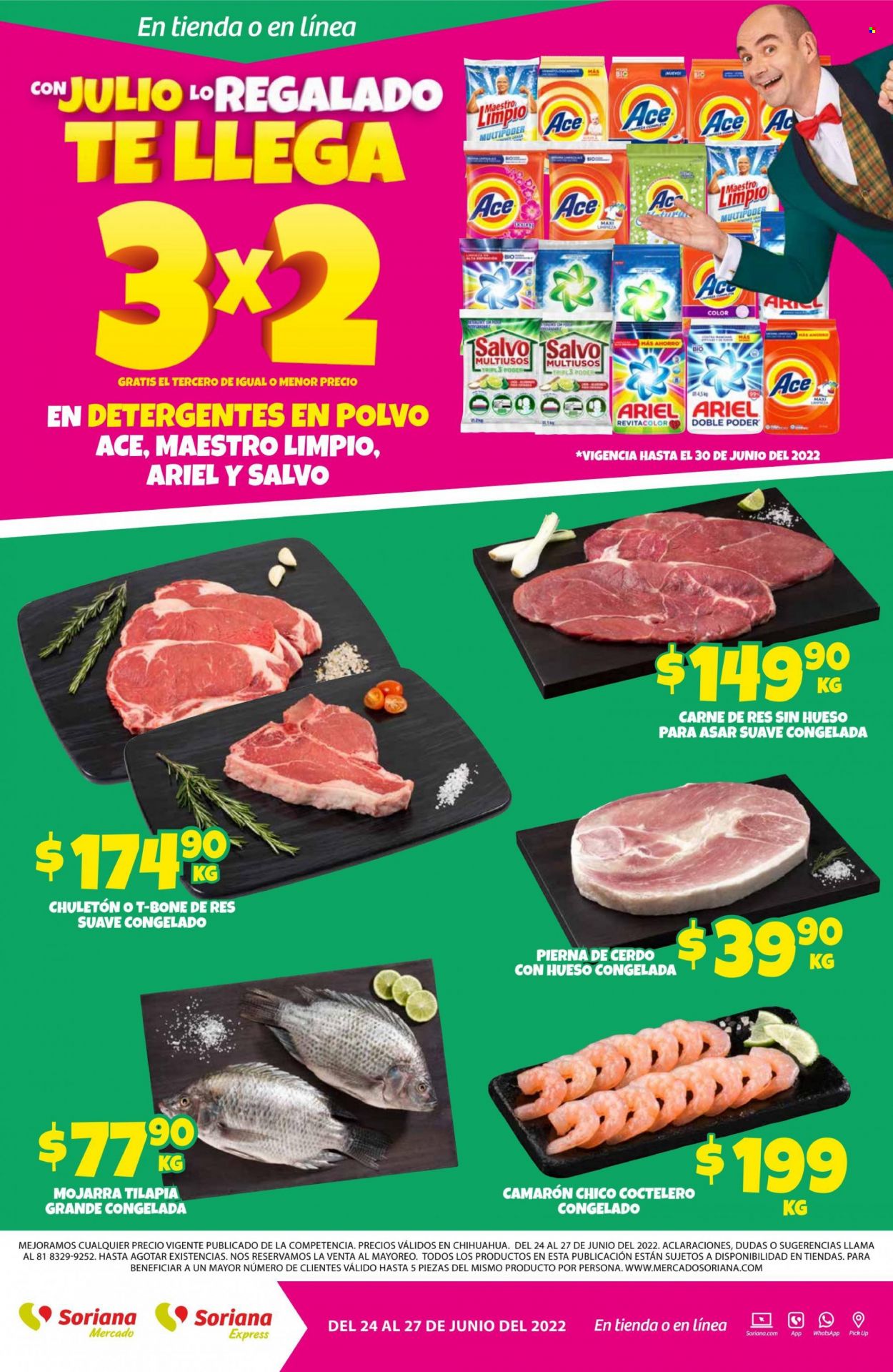 thumbnail - Folleto actual Soriana - 24.6.2022 - 27.6.2022 - Ventas - chuletón, t-bone steak, camarón, tilapia, Ariel, detergente. Página 1.