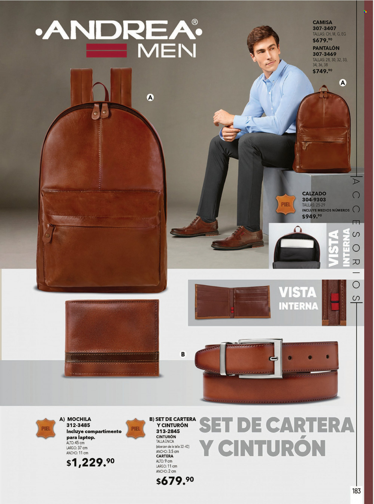 thumbnail - Folleto actual Andrea - Ventas - pantalón, camisa, mochila, cinturón, cartera. Página 183.