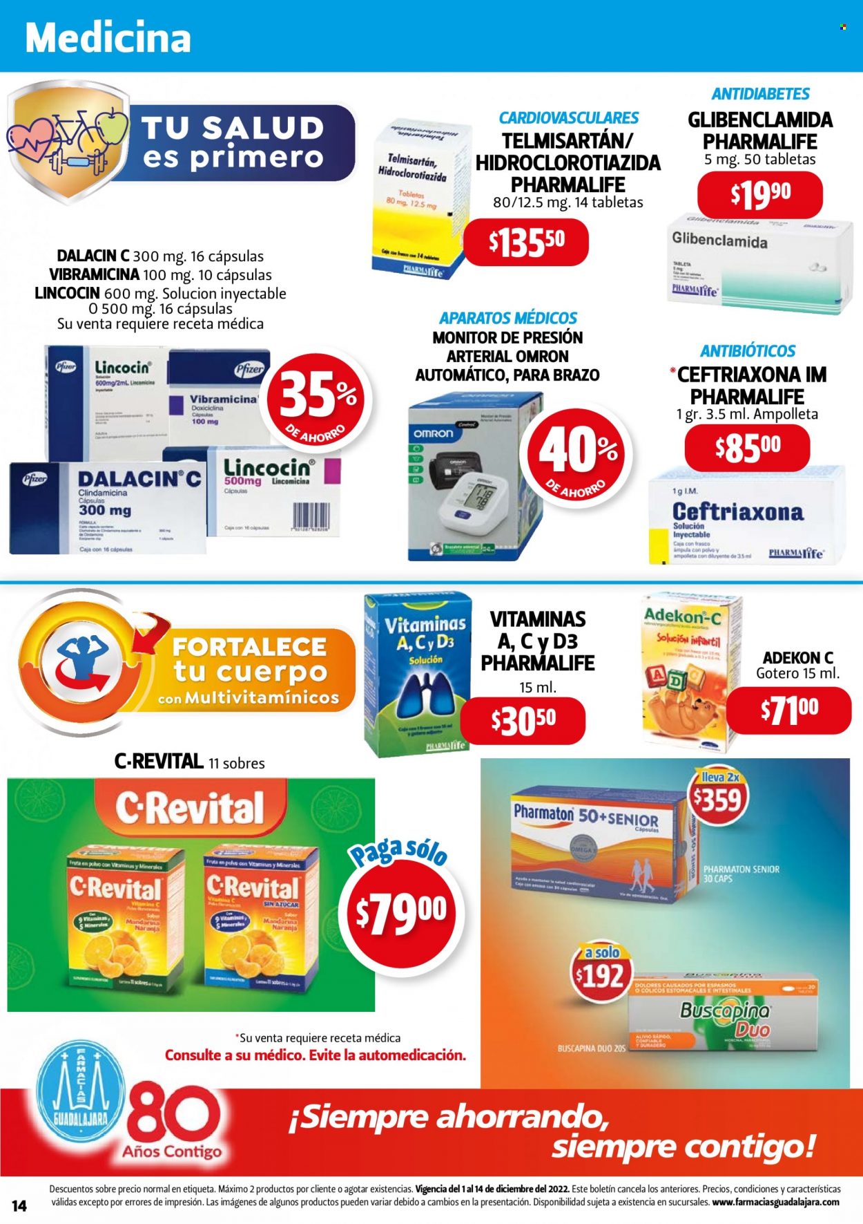thumbnail - Folleto actual Farmacias Guadalajara - 1.12.2022 - 14.12.2022 - Ventas - Telmisartan, Pharmalife, Dalacin, monitor de presión. Página 14.