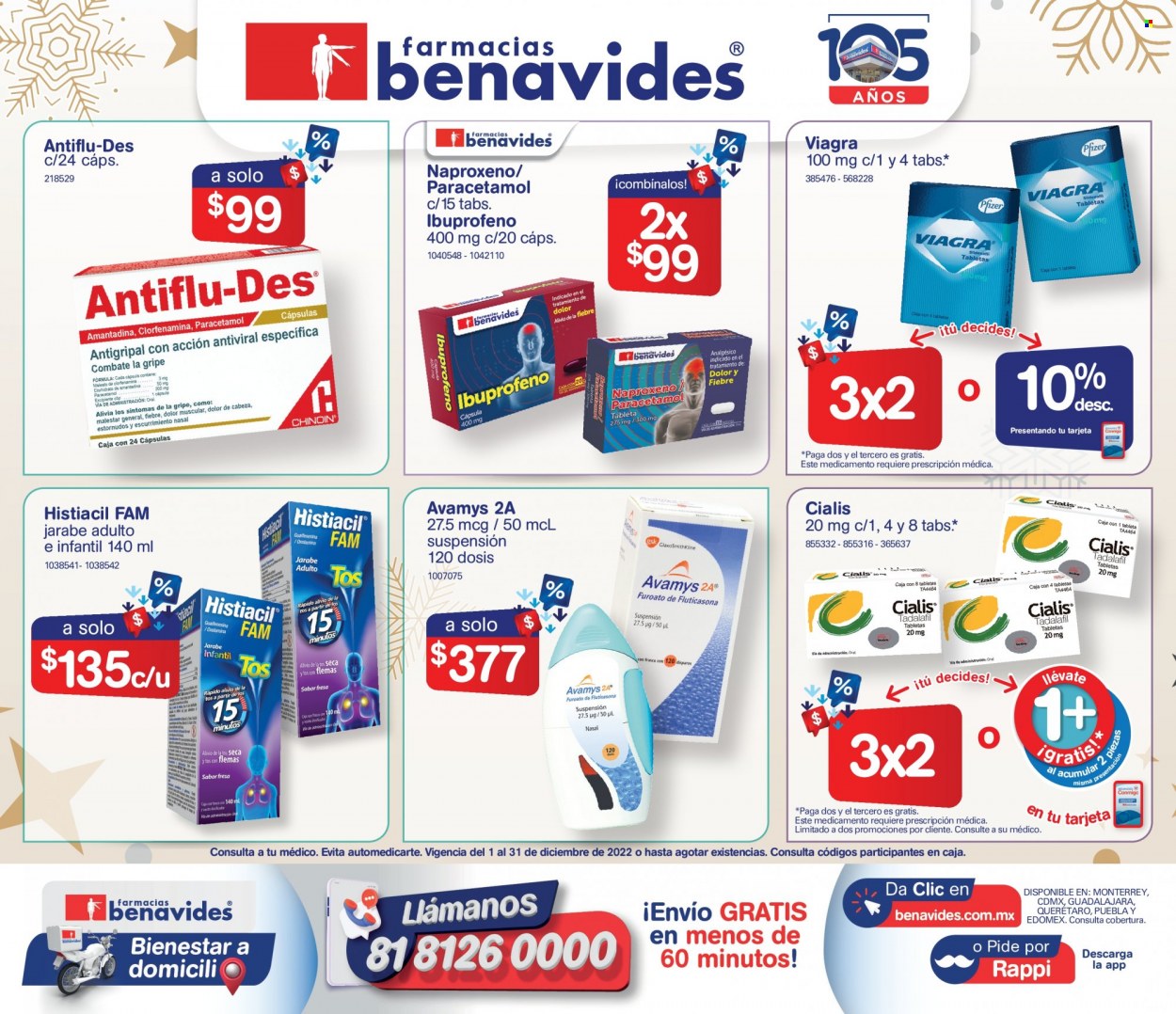 thumbnail - Folleto actual Farmacias Benavides - 1.12.2022 - 31.12.2022 - Ventas - járabe, Paracetamol, Ibuprofeno, Antiflu-Des, Histiacil, Viagra. Página 1.