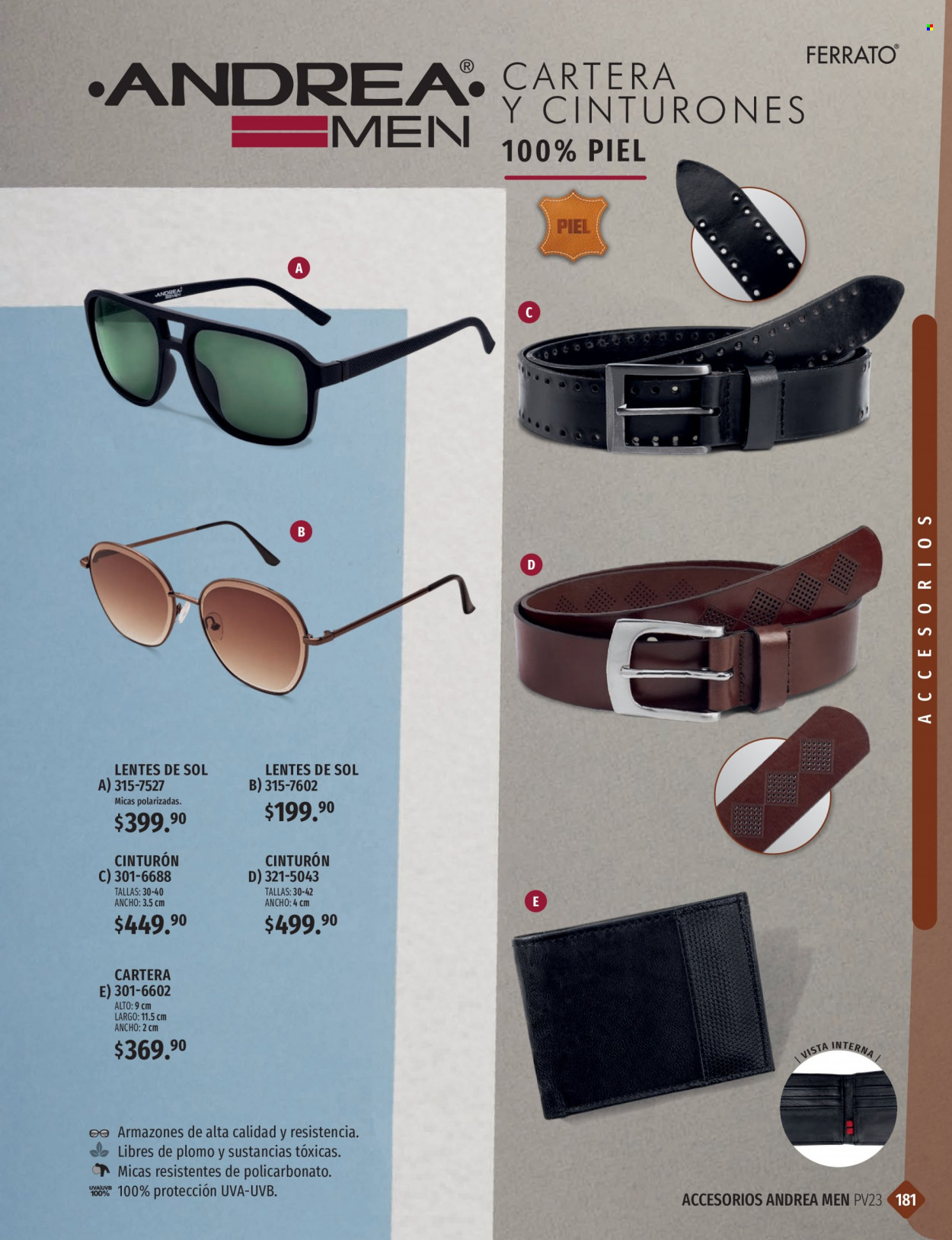 thumbnail - Folleto actual Andrea - Ventas - cinturón, lentes de sol, cartera. Página 181.