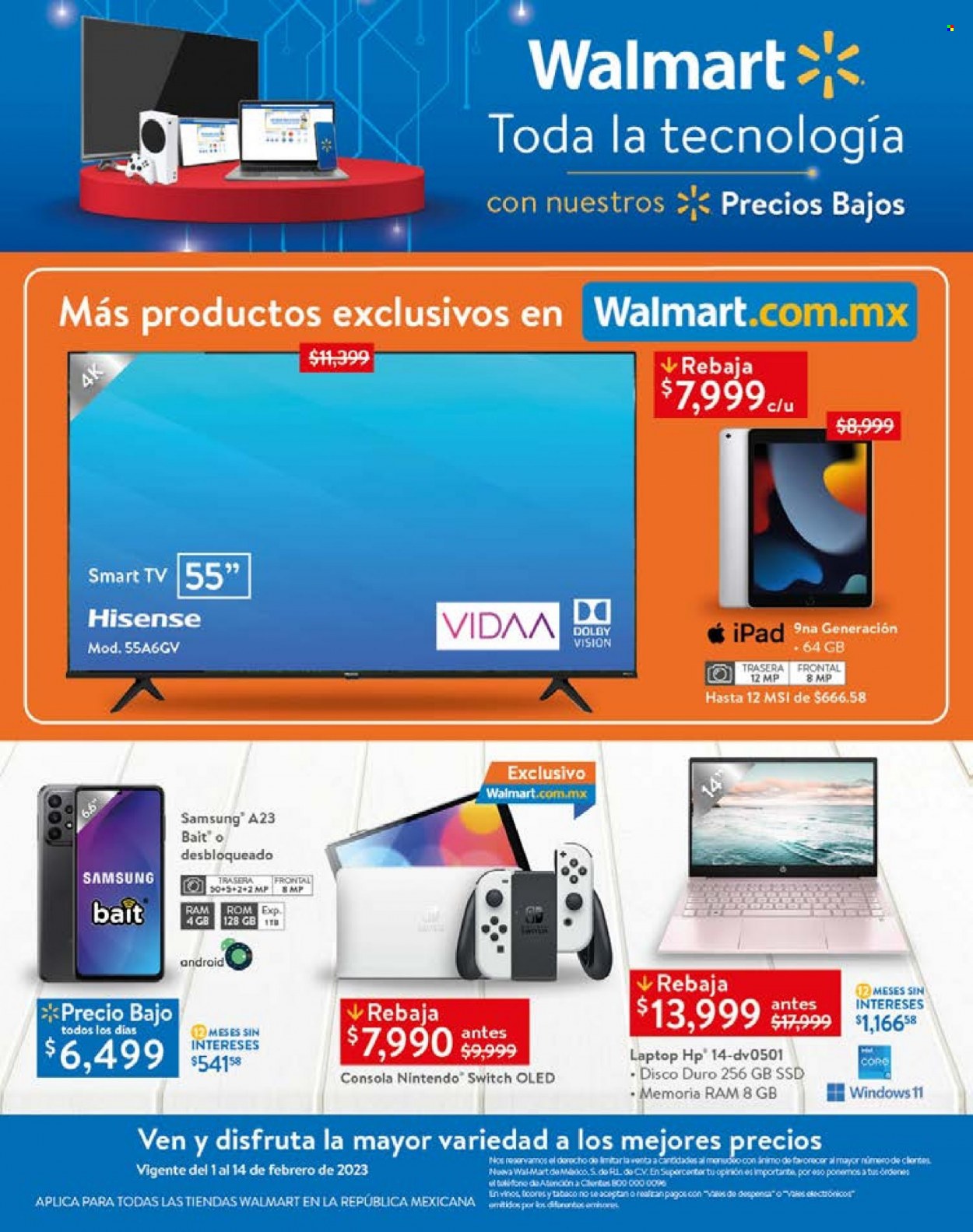 thumbnail - Folleto actual Walmart - 1.2.2023 - 14.2.2023 - Ventas - tablet, Samsung, iPad, Hisense, Samsung Galaxy A23, MSI, cónsola, Nintendo Switch, Smart TV, televisor. Página 31.