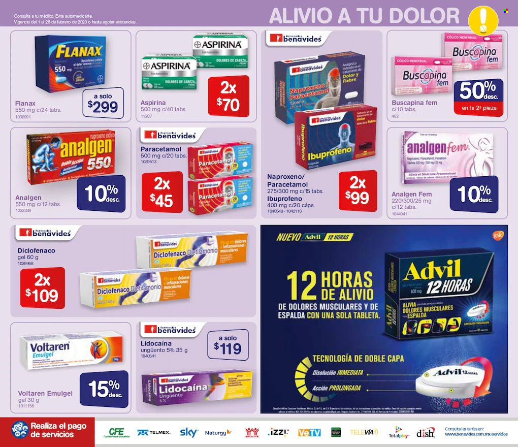 thumbnail - Folleto actual Farmacias Benavides - 1.2.2023 - 28.2.2023 - Ventas - Aspirina, Voltaren, Paracetamol, Diclofenaco, Ibuprofeno, Lidocaina, tableta, Buscapina. Página 7.