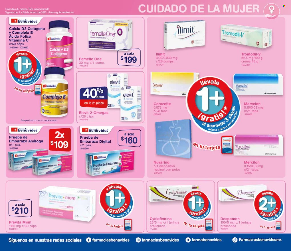 thumbnail - Folleto actual Farmacias Benavides - 1.2.2023 - 28.2.2023 - Ventas - crema, Calcio, Elevit, suplemento alimenticio, teste de gravidez. Página 11.