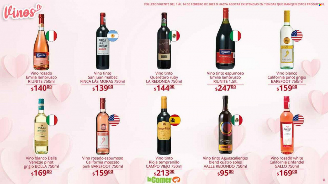 thumbnail - Folleto actual La Comer - 1.2.2023 - 14.2.2023 - Ventas - vino, Lambrusco, vino blanco, vino tinto, Rioja, vino rosado, Moscato, Malbec, Tempranillo. Página 8.