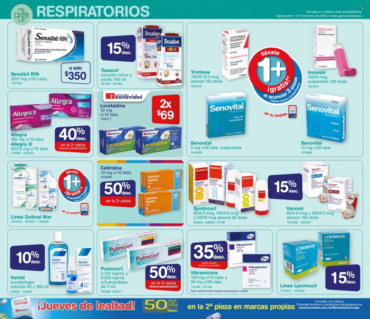 thumbnail - Folleto actual Farmacias Benavides - 1.3.2023 - 31.3.2023 - Ventas - aerosol, Sensibit, Vantal, Allegra, Loratadina. Página 4.