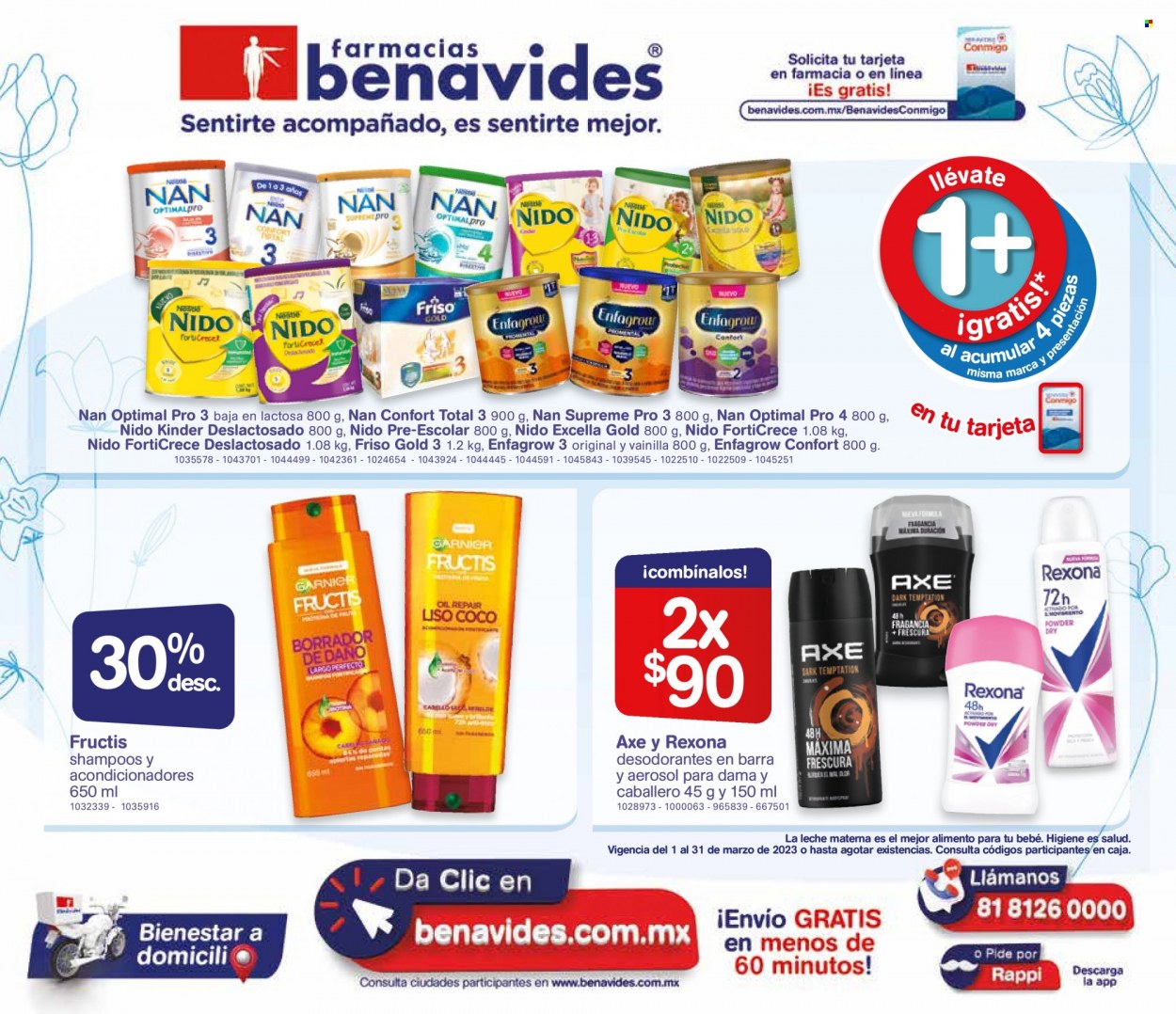 thumbnail - Folleto actual Farmacias Benavides - 1.3.2023 - 31.3.2023 - Ventas - Leche NIDO, Axe, Garnier, Fructis, Rexona, desodorante, aerosol. Página 24.