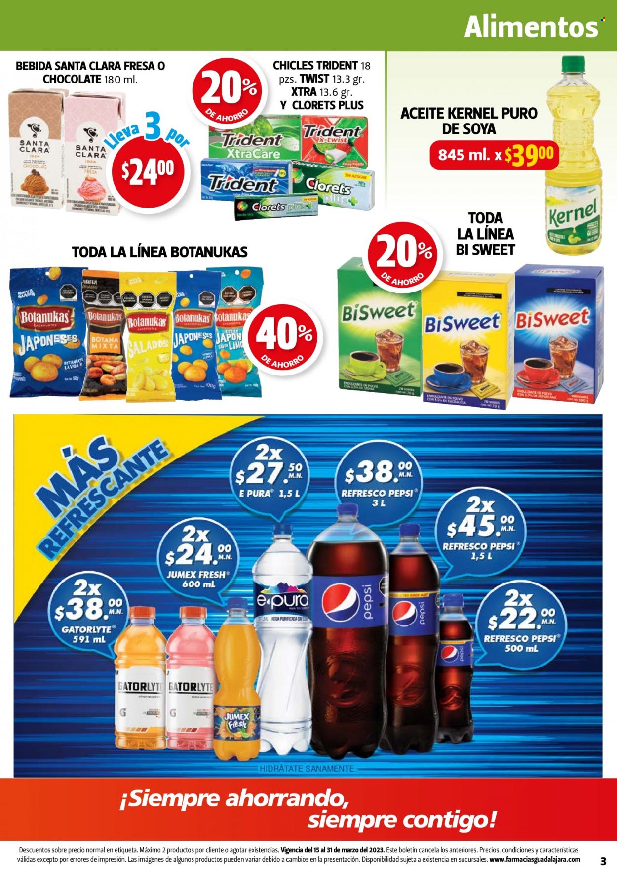 thumbnail - Folleto actual Farmacias Guadalajara - 15.3.2023 - 31.3.2023 - Ventas - bebida, chicles, edulcorante, aceite, refresco, Pepsi, Jumex. Página 3.