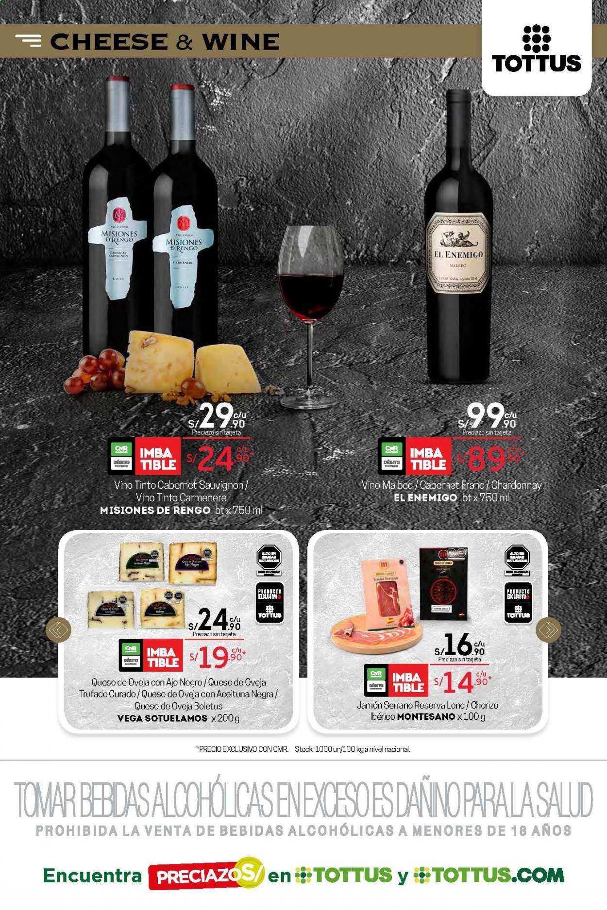 thumbnail - Folleto actual Tottus - 29.1.2021 - 11.2.2021 - Ventas - jamón, chorizo, jamón serrano, queso de oveja, vino, Cabernet Sauvignon, Chardonnay, vino tinto. Página 15.
