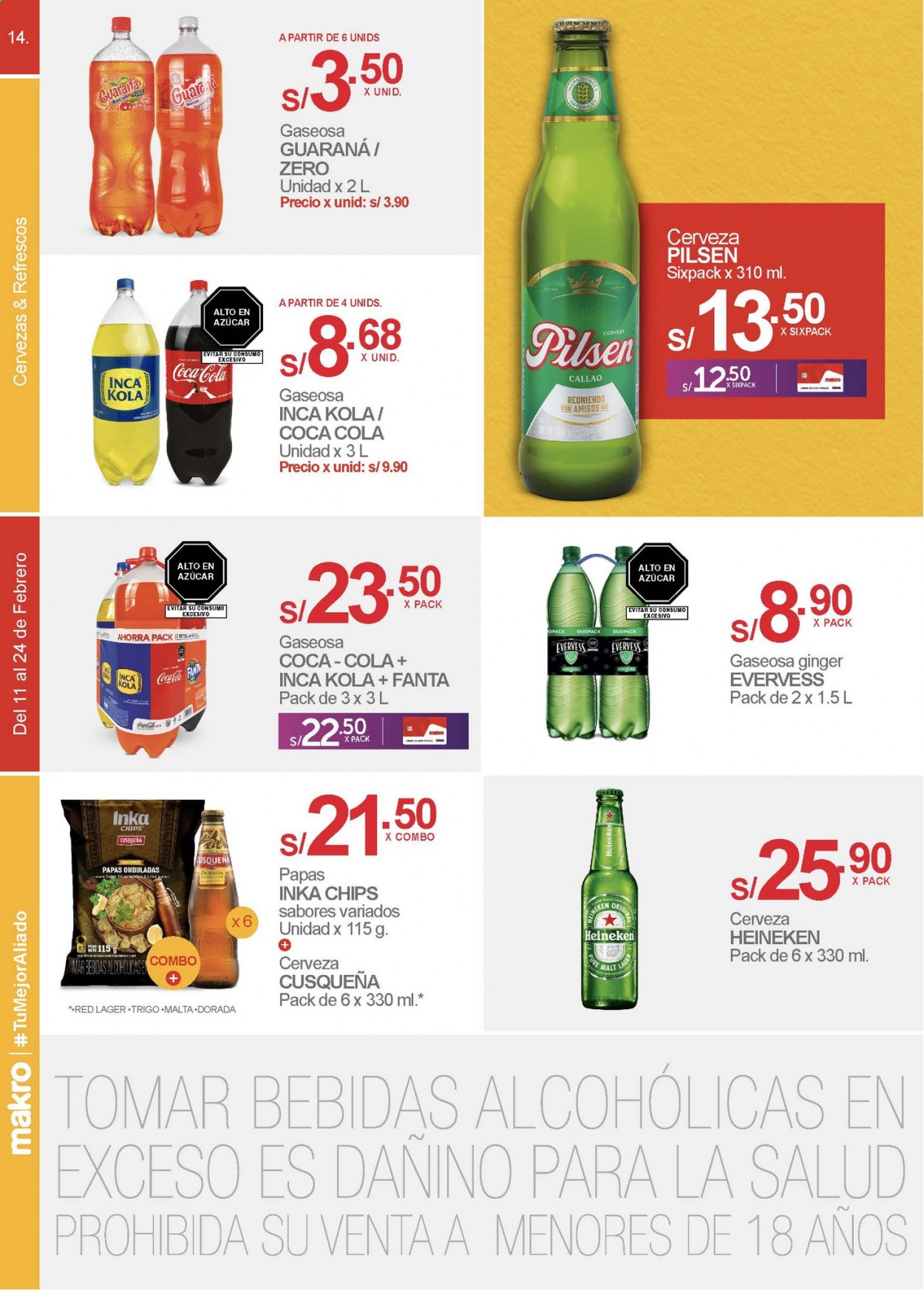 thumbnail - Folleto actual Makro - 11.2.2021 - 24.2.2021 - Ventas - Heineken, Pilsen, cerveza, chips, bebida, Coca-cola, Fanta, gaseosa, bebida alcohólica. Página 14.