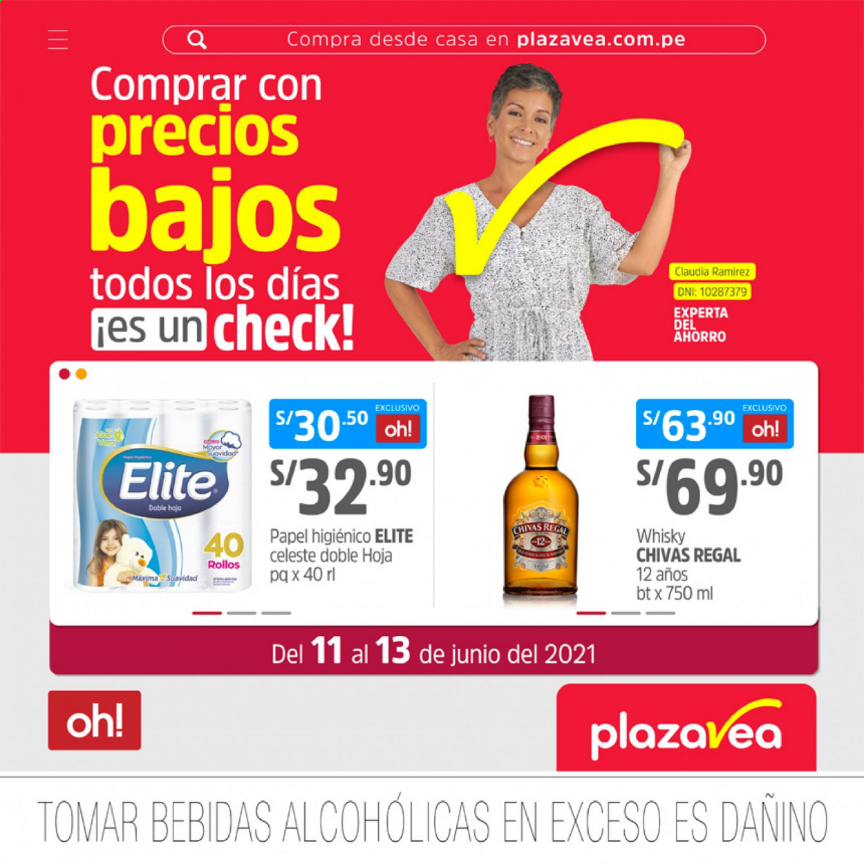 thumbnail - Folleto actual Plaza Vea - 11.6.2021 - 13.6.2021 - Ventas - bebida, whisky, bebida alcohólica, papel higienico. Página 1.