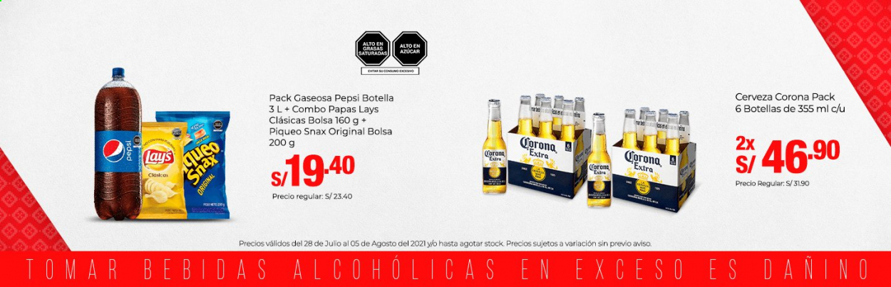 thumbnail - Folleto actual Metro - 28.7.2021 - 5.8.2021 - Ventas - Corona, cerveza, papa, Lays, bebida, Pepsi, gaseosa, bebida alcohólica, bolso. Página 1.