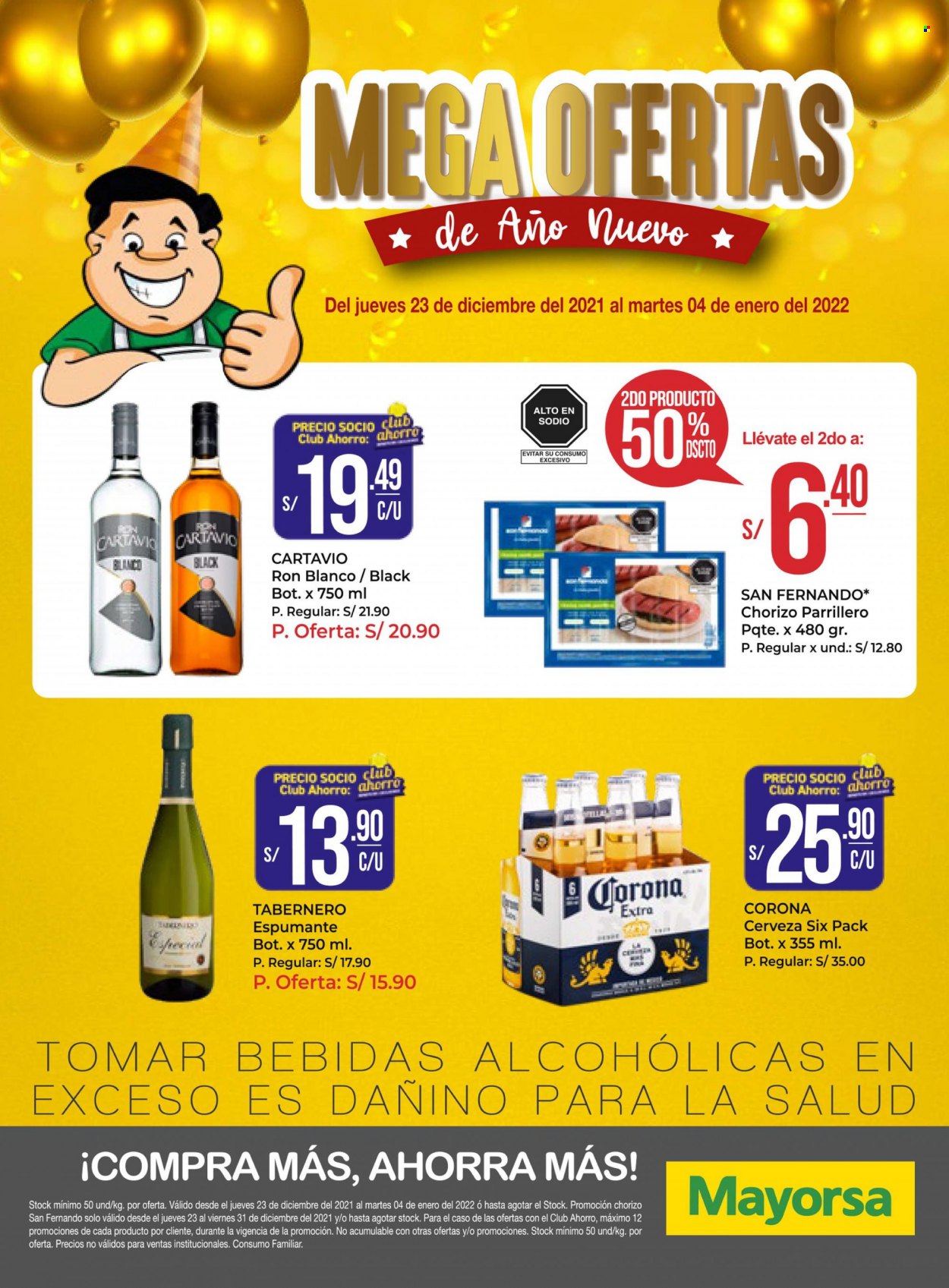 thumbnail - Folleto actual Mayorsa - 23.12.2021 - 4.1.2022 - Ventas - Corona, cerveza, chorizo, bebida, vino espumoso, ron, bebida alcohólica. Página 1.