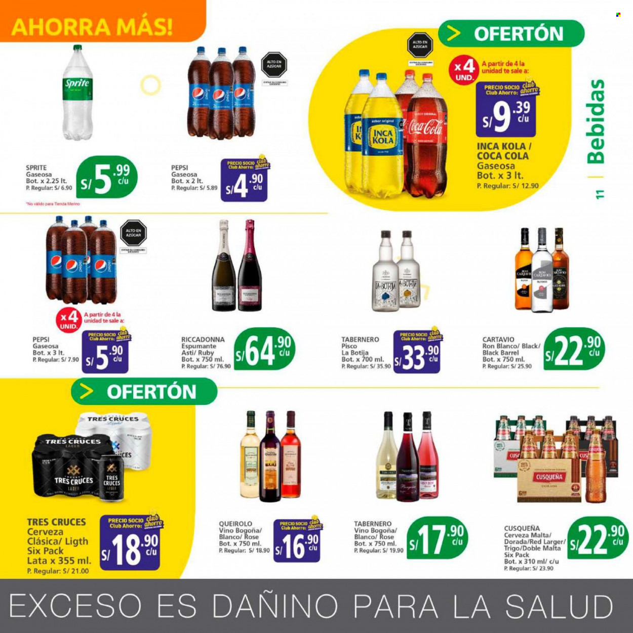 thumbnail - Folleto actual Mayorsa - 26.1.2023 - 7.2.2023 - Ventas - cerveza, refresco, bebida, Coca-cola, Sprite, Pepsi, gaseosa, vino espumoso, ron, pisco. Página 11.
