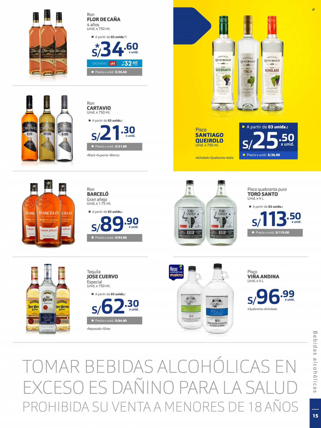 thumbnail - Folleto actual Makro - 26.1.2023 - 8.2.2023 - Ventas - bebida alcohólica, bebida, ron, Barceló, Flor de Caña, tequila, José Cuervo, pisco. Página 15.