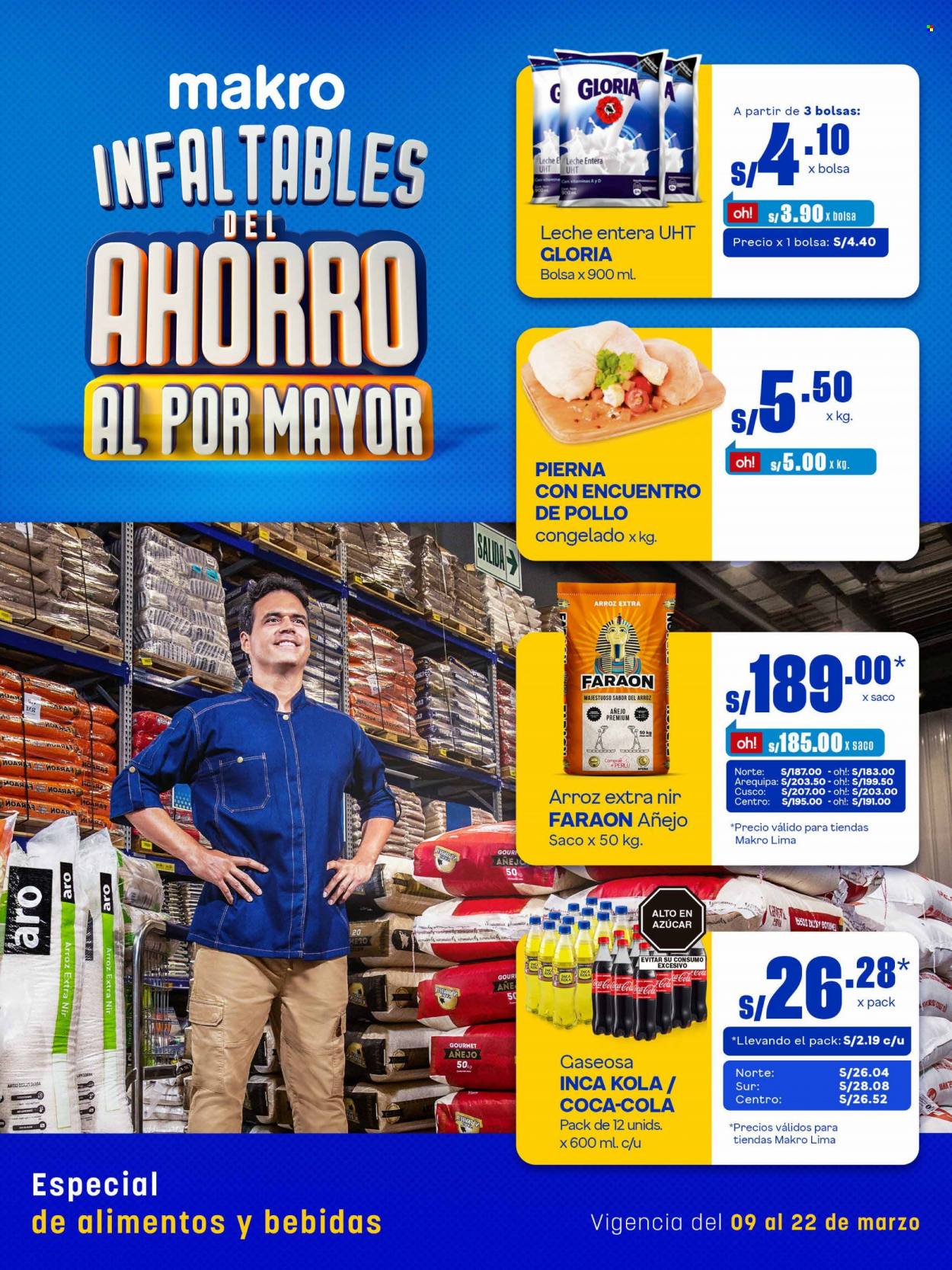 Folleto actual Makro - 9.3.2023 - 22.3.2023 - Ventas - pollo entero, leche, leche entera, arroz, refresco, Coca-cola, gaseosa, lima. Página 1.