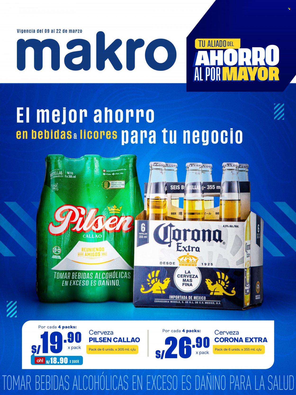 Folleto actual Makro - 9.3.2023 - 22.3.2023 - Ventas - bebida, Corona, bebida alcohólica, Pilsen, licor, botella. Página 1.
