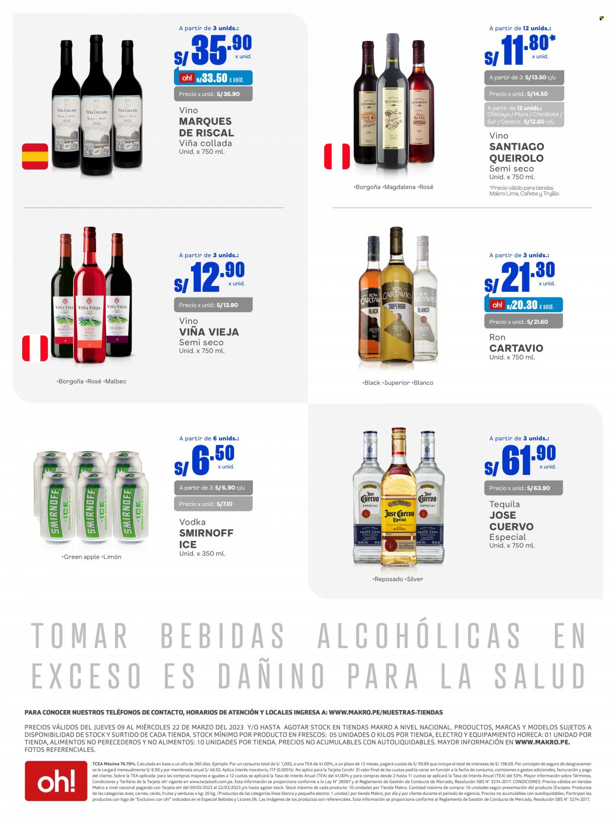 Folleto actual Makro - 9.3.2023 - 22.3.2023 - Ventas - bebida, bebida alcohólica, magdalena, Valor, vino, Smirnoff, Malbec, ron, tequila, vodka, José Cuervo, lima. Página 4.