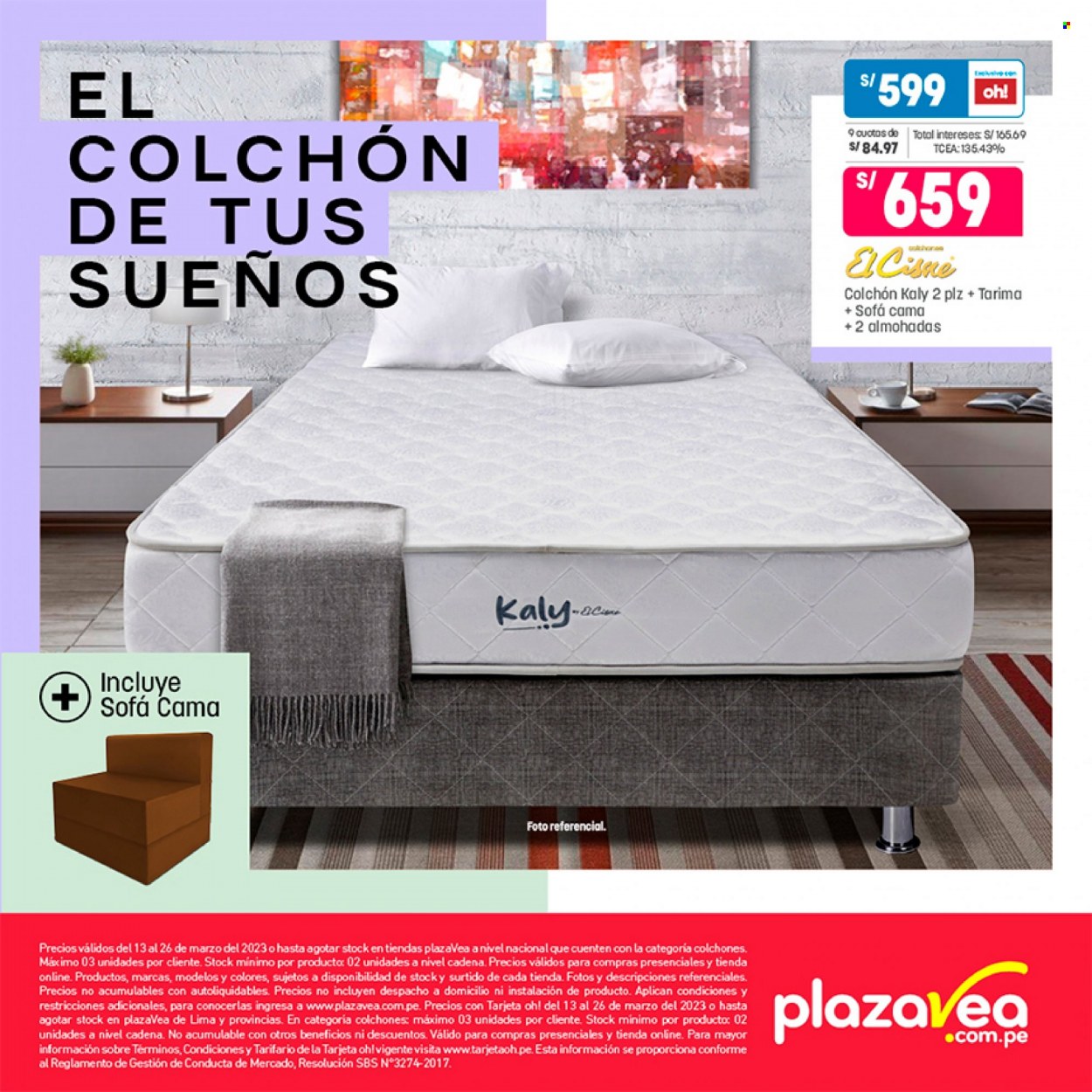 Folleto actual Plaza Vea - 13.3.2023 - 26.3.2023 - Ventas - sofá cama, colchón, cadena. Página 12.