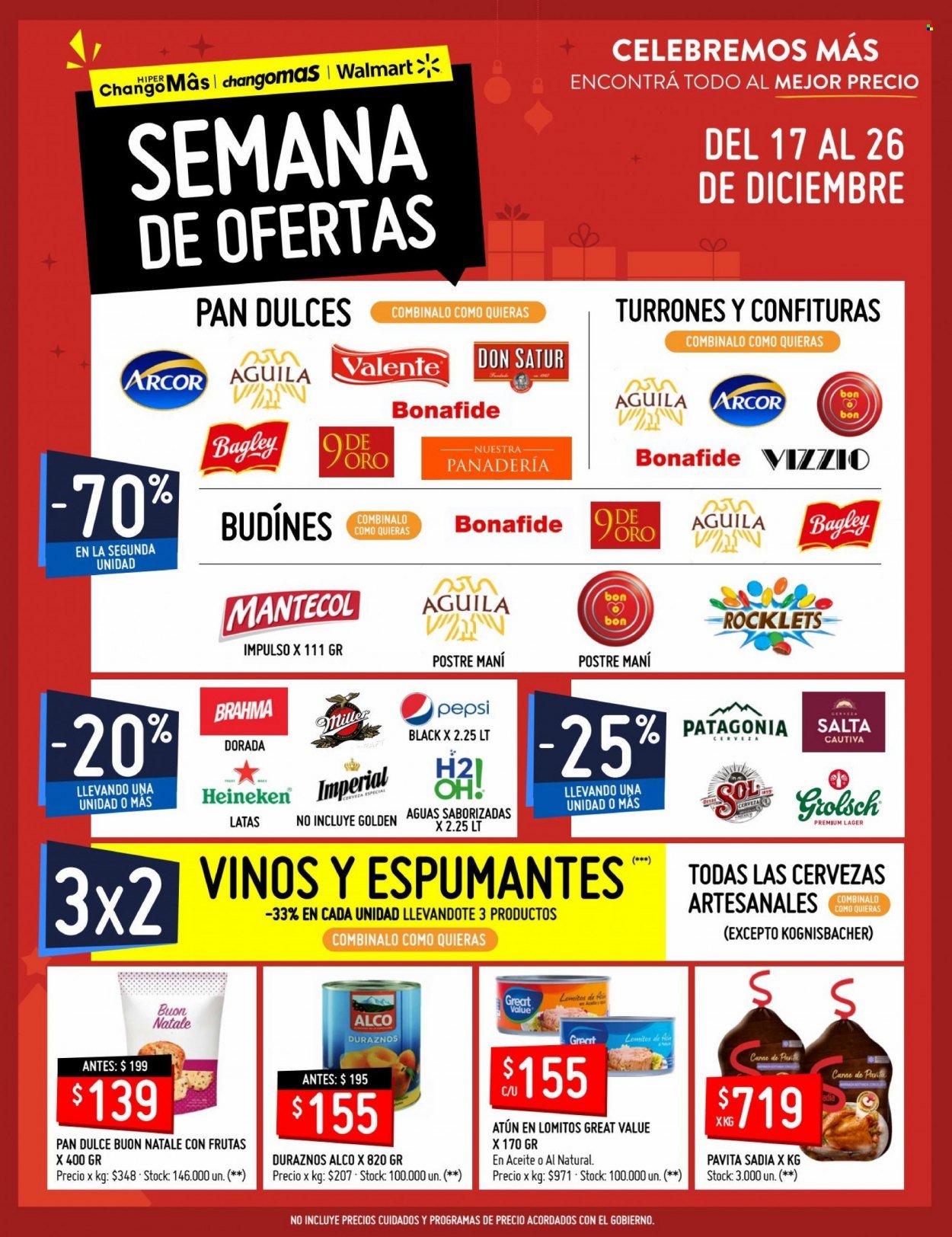 Folleto actual Changomas - 17/12/21 - 26/12/21 - Ventas - Heineken, Brahma, durazno, pan, pan dulce, Pepsi, lata. Página 1.