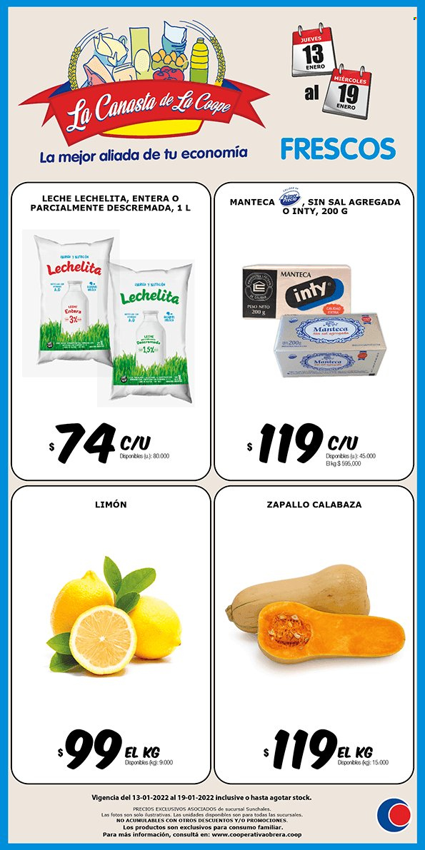 Folleto actual Cooperativa Obrera - 13/01/22 - 19/01/22 - Ventas - limón, leche, manteca. Página 1.