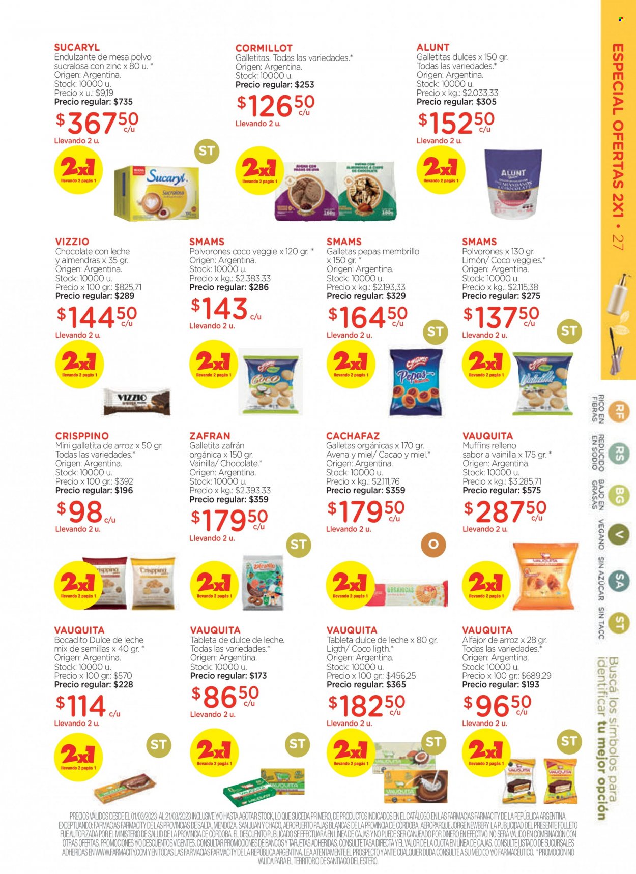 Folleto actual Farmacity - 01/03/23 - 21/03/23 - Ventas - bocadito, muffin, polvorón, galletas, alfajor, tableta, Valor, edulcorante, mezcla de semillas, productos vegetarianos. Página 27.