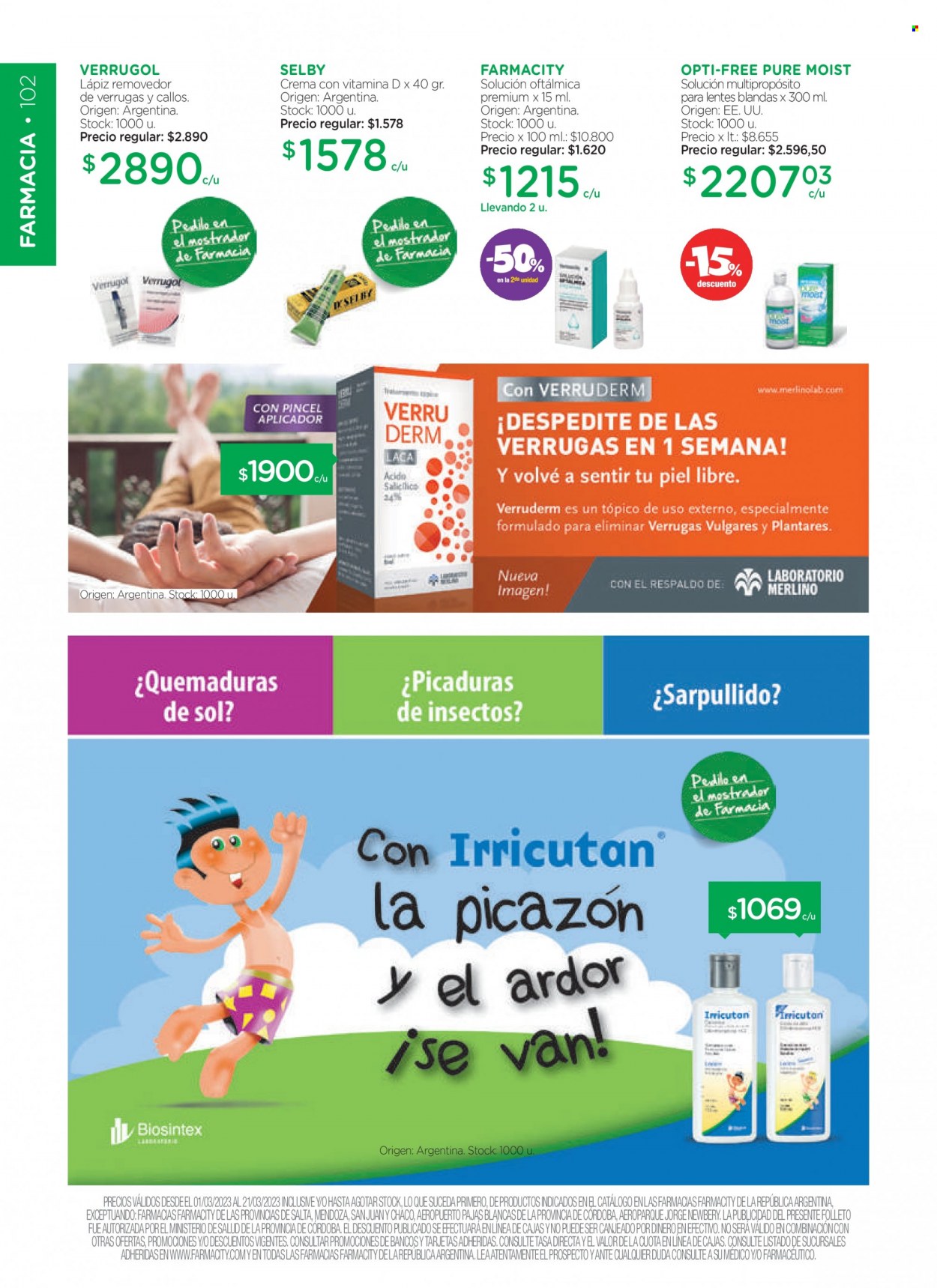 Folleto actual Farmacity - 01/03/23 - 21/03/23 - Ventas - Valor, crema, líquido para lentes de contacto, gotas para ojos, Verrugol. Página 102.