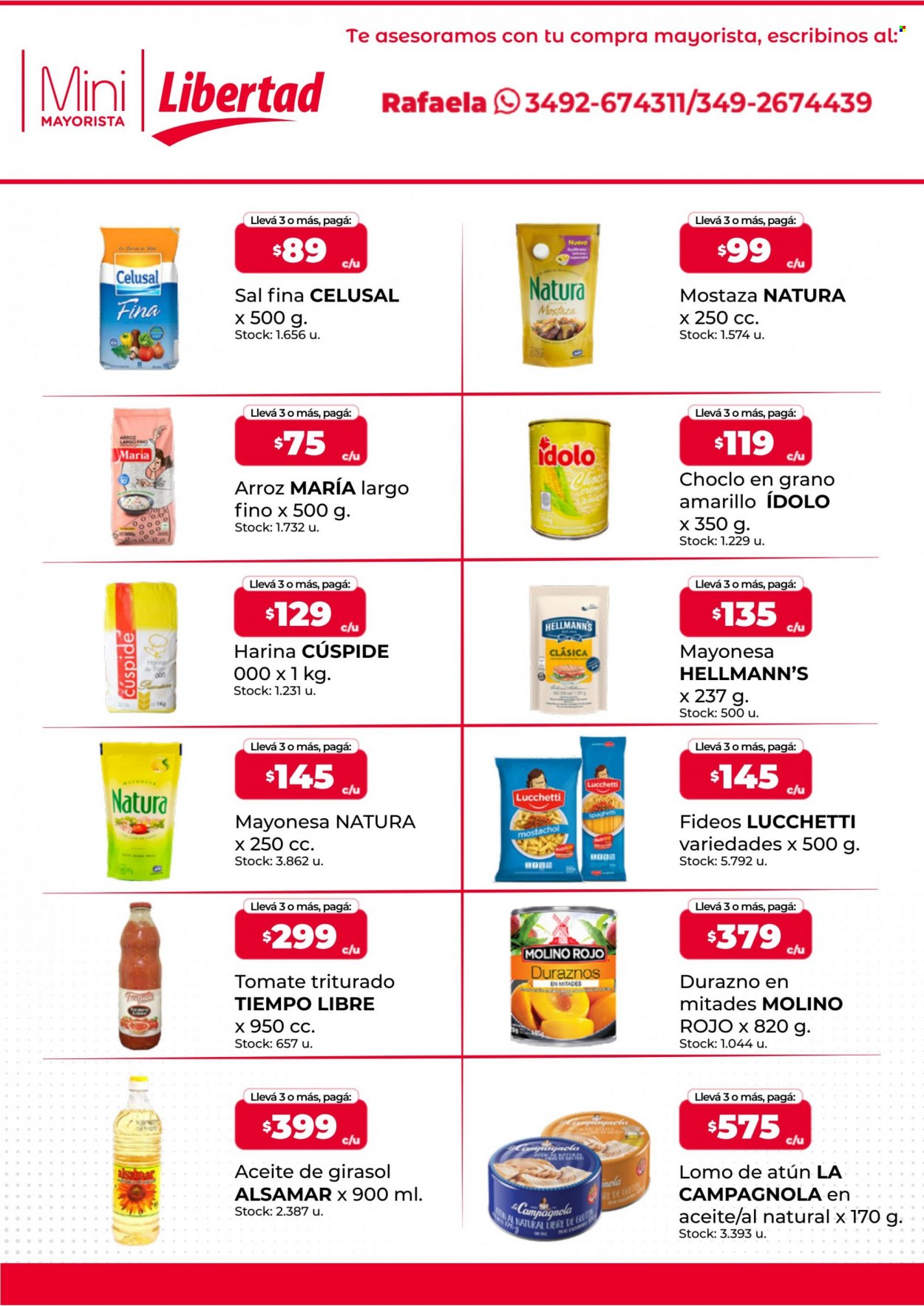 Folleto actual Libertad - 09/03/23 - 19/03/23 - Ventas - durazno, choclo, atún, pescado, filete de pescado, mayonesa, Hellmann's, harina, sal fina, puré de tomate, atún en lata, lata de pescado, frutas en lata, arroz, fideos, mostaza. Página 5.