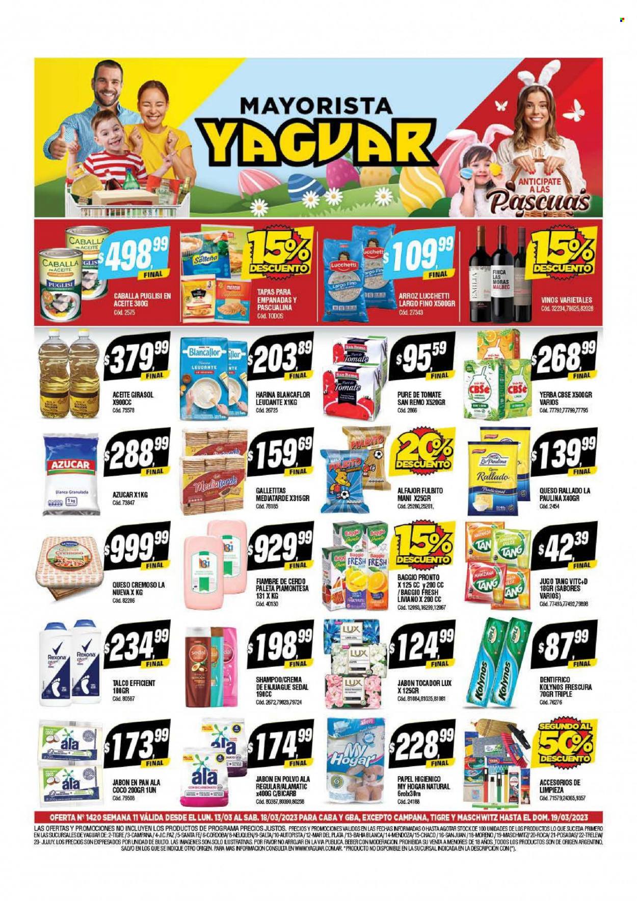 Folleto actual Yaguar - 13/03/23 - 19/03/23 - Ventas - manzanas, kit de limpieza, set de accesorios, caballa del sur, pascualina, fiambre, queso, queso cremoso, queso rallado, galletas, alfajor, maní, tapas, azúcar, harina, Blancaflor, puré de tomate, lata de pescado, arroz, aceite de girasol, jugo en polvo, Baggio, yerba maté, Malbec, papel higienico, detergente en polvo, champú, jabón de tocador, jabón en polvo, jabón en pan, pasta dental, Kolynos, Rexona, talco para pies. Página 1.