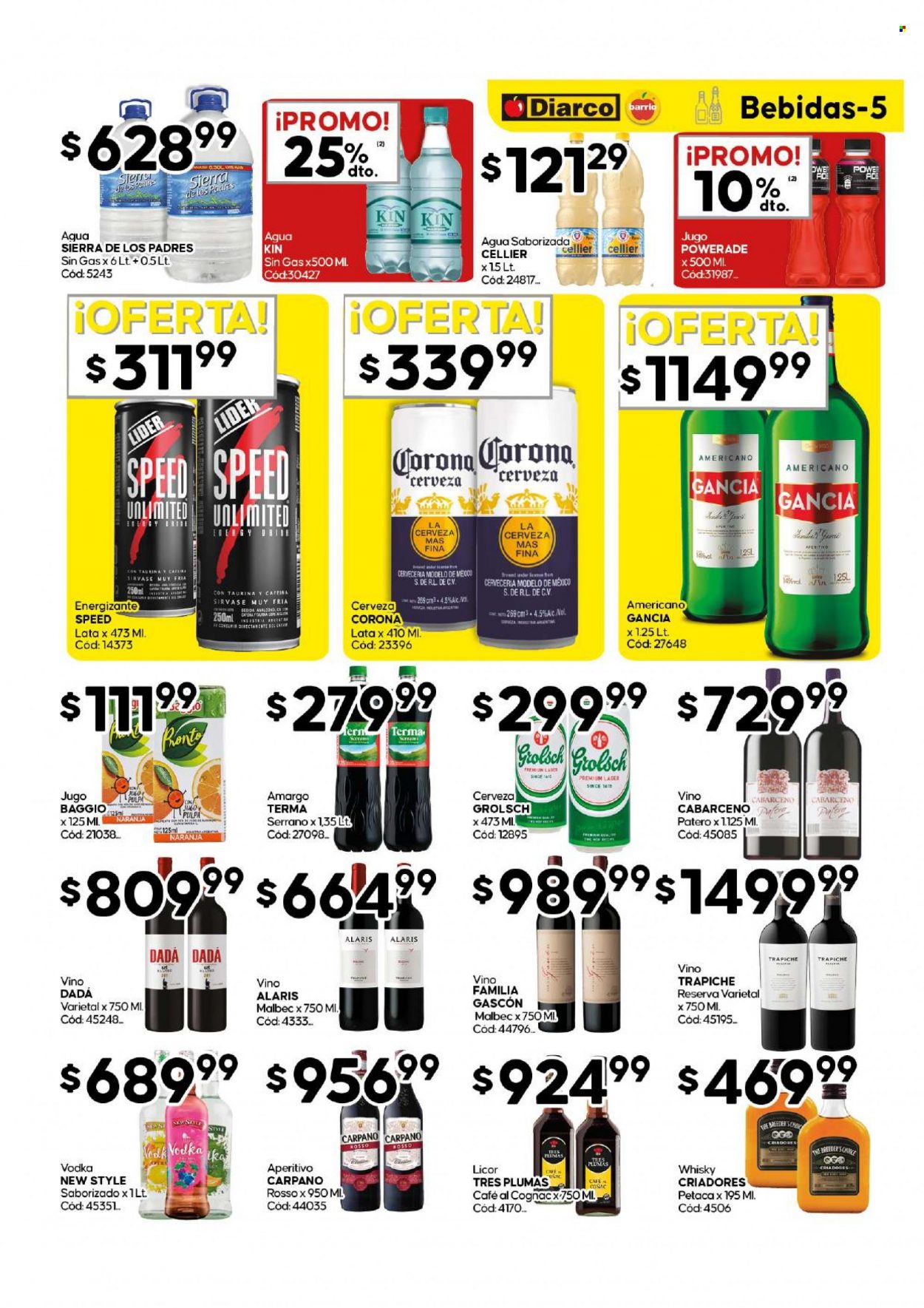 Folleto actual Diarco Barrio - 22/05/23 - 28/05/23 - Ventas - Corona, bebida energética, Baggio, Powerade, agua natural, bebida isotónica, cognac, licor, vodka, whisky, Criadores, agua saborizada, bebida. Página 5.