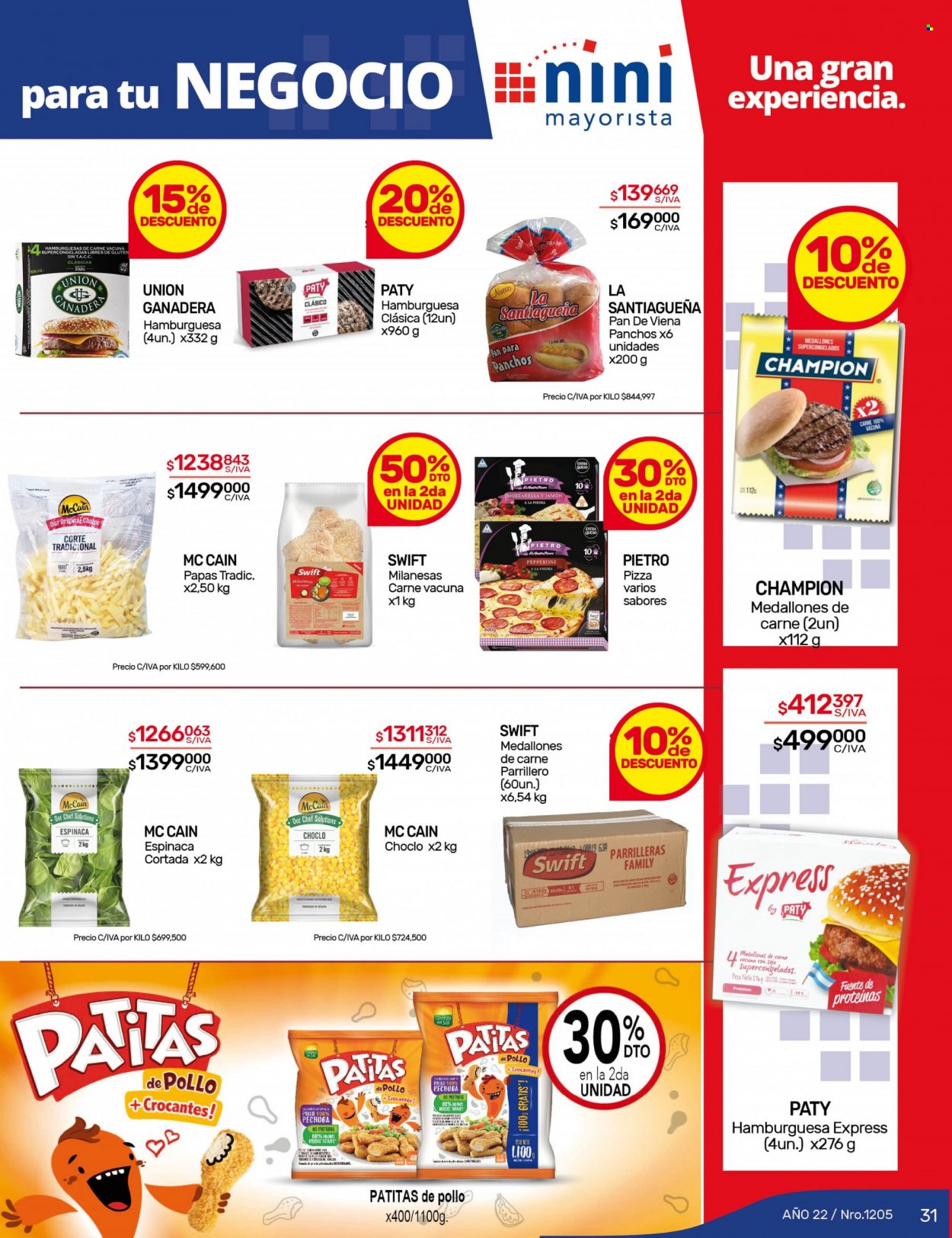 Folleto actual Nini Mayorista - 22/05/23 - 28/05/23 - Ventas - medallón de carne, carne bovina, hamburguesa, choclo, pan, pan panchos, nuggets de pollo, McCain. Página 31.