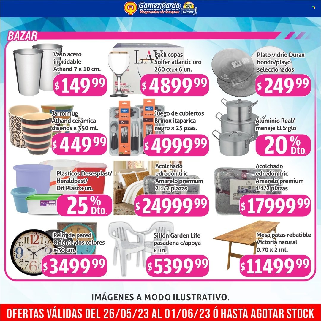 Folleto actual Gomez Pardo - 26/05/23 - 01/06/23 - Ventas - reloj, jarra, plato, taza, vaso, juego de cubiertos, cubiertos, mesa, sillón, edredón. Página 5.