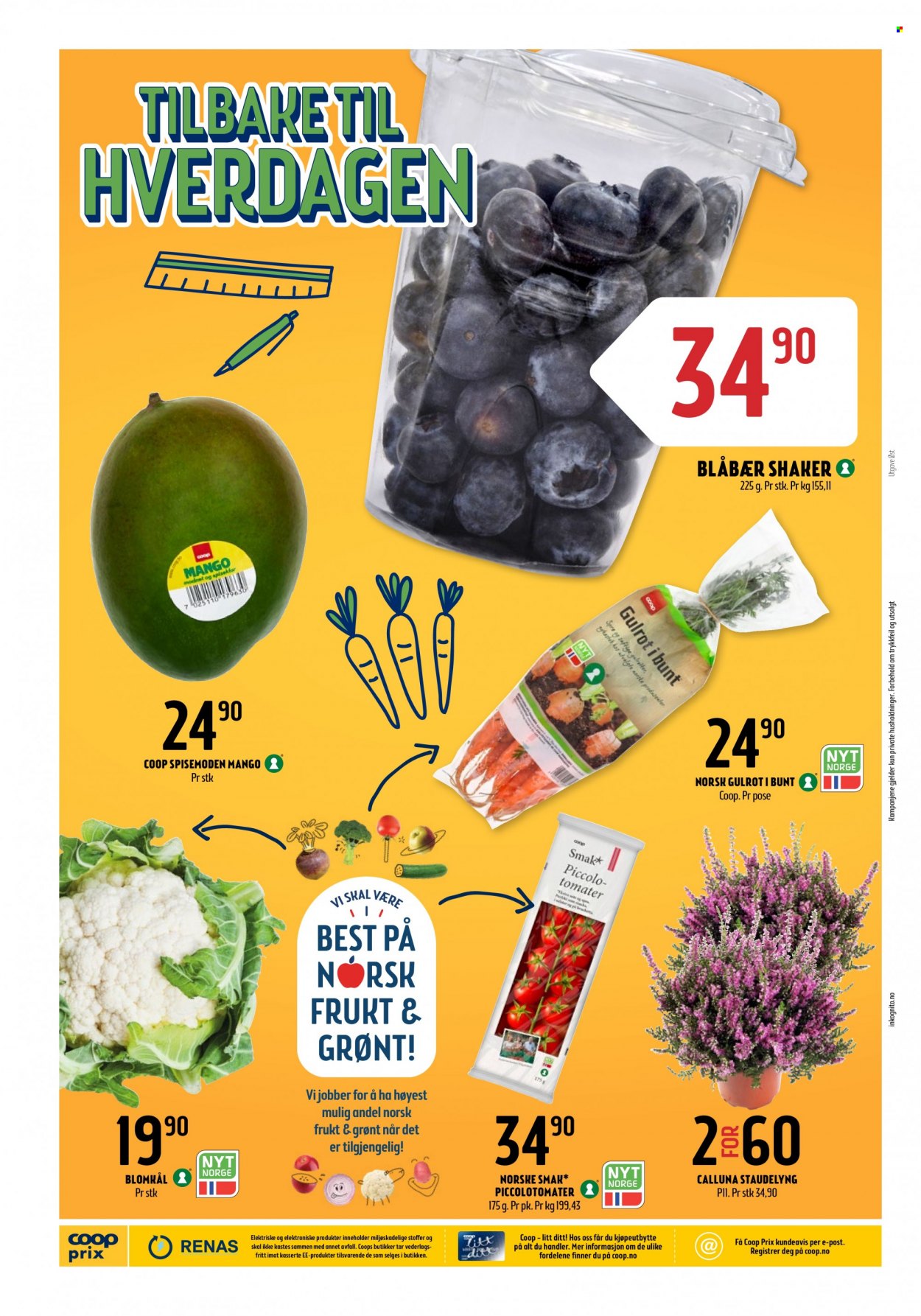 thumbnail - Kundeavis Coop Prix - 8.8.2022 - 21.8.2022 - Produkter fra tilbudsaviser - blåbær, mango, blomkål, gulrot. Side 4.