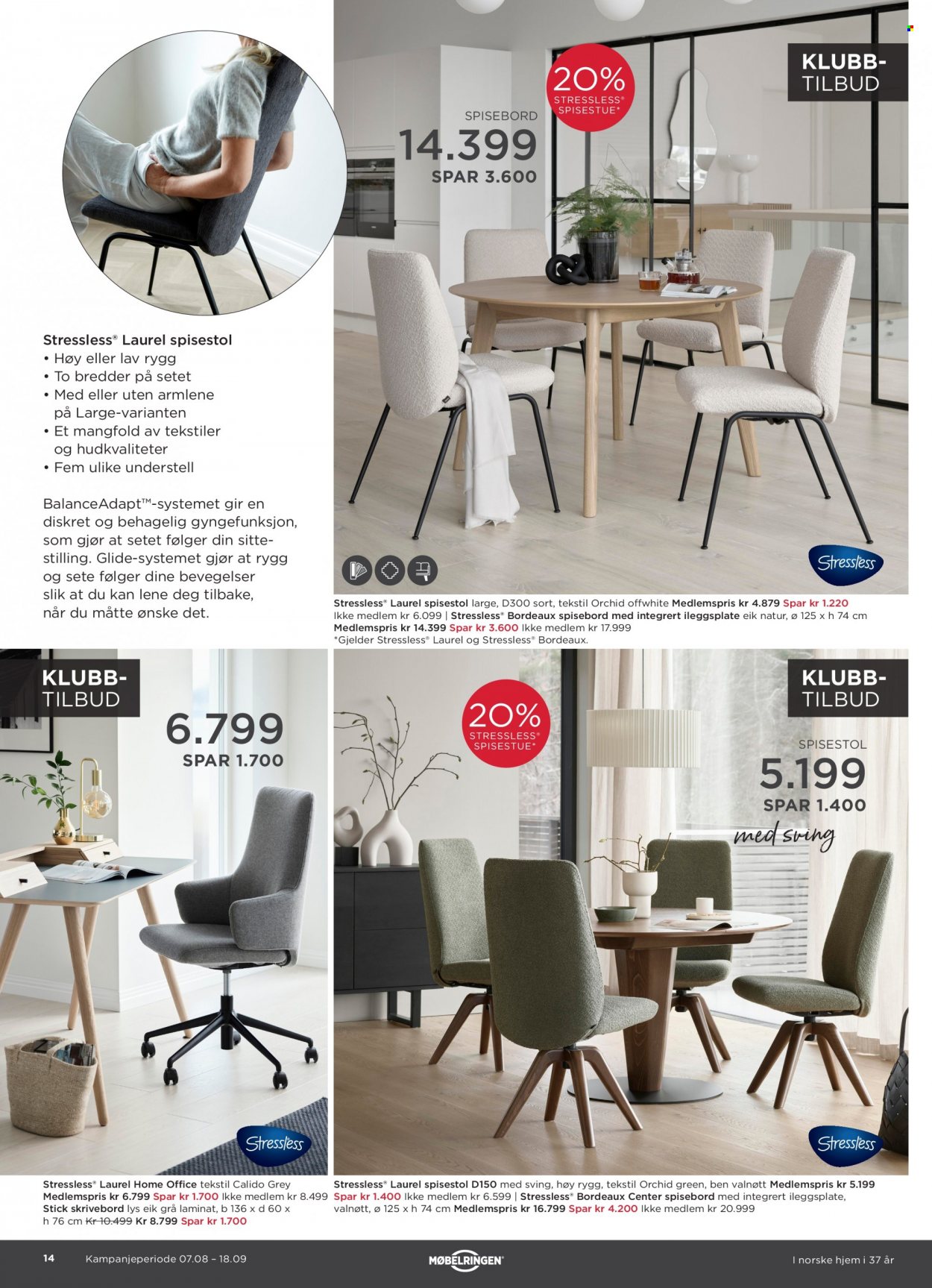 thumbnail - Kundeavis Møbelringen - 7.8.2022 - 18.9.2022 - Produkter fra tilbudsaviser - bord, spisebord, stol, spisestol, skrivebord. Side 14.