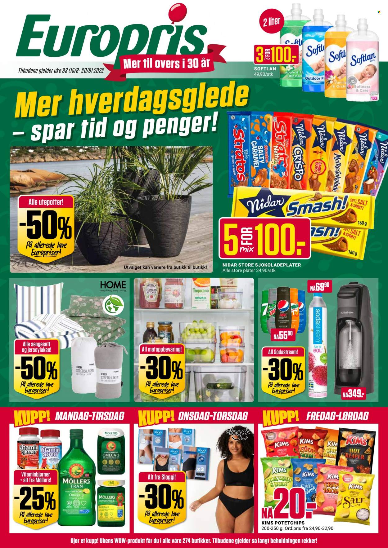 thumbnail - Kundeavis Europris - 15.8.2022 - 20.8.2022 - Produkter fra tilbudsaviser - smør, melkesjokolade, potetchips, ketchup, Sodastream, Sloggi. Side 1.