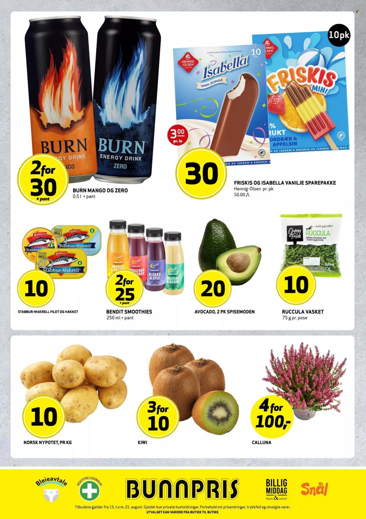 thumbnail - Kundeavis Bunnpris - 15.8.2022 - 21.8.2022 - Produkter fra tilbudsaviser - kiwi, iskrem, energy drink, smoothie. Side 4.