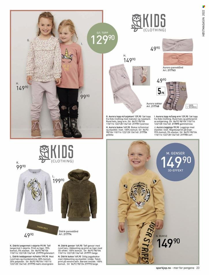 thumbnail - Kundeavis Sparkjøp - Produkter fra tilbudsaviser - Tiger, bukse, t-skjorte, skjorte, genser, joggebukse, leggings, sokker, pannebånd. Side 23.