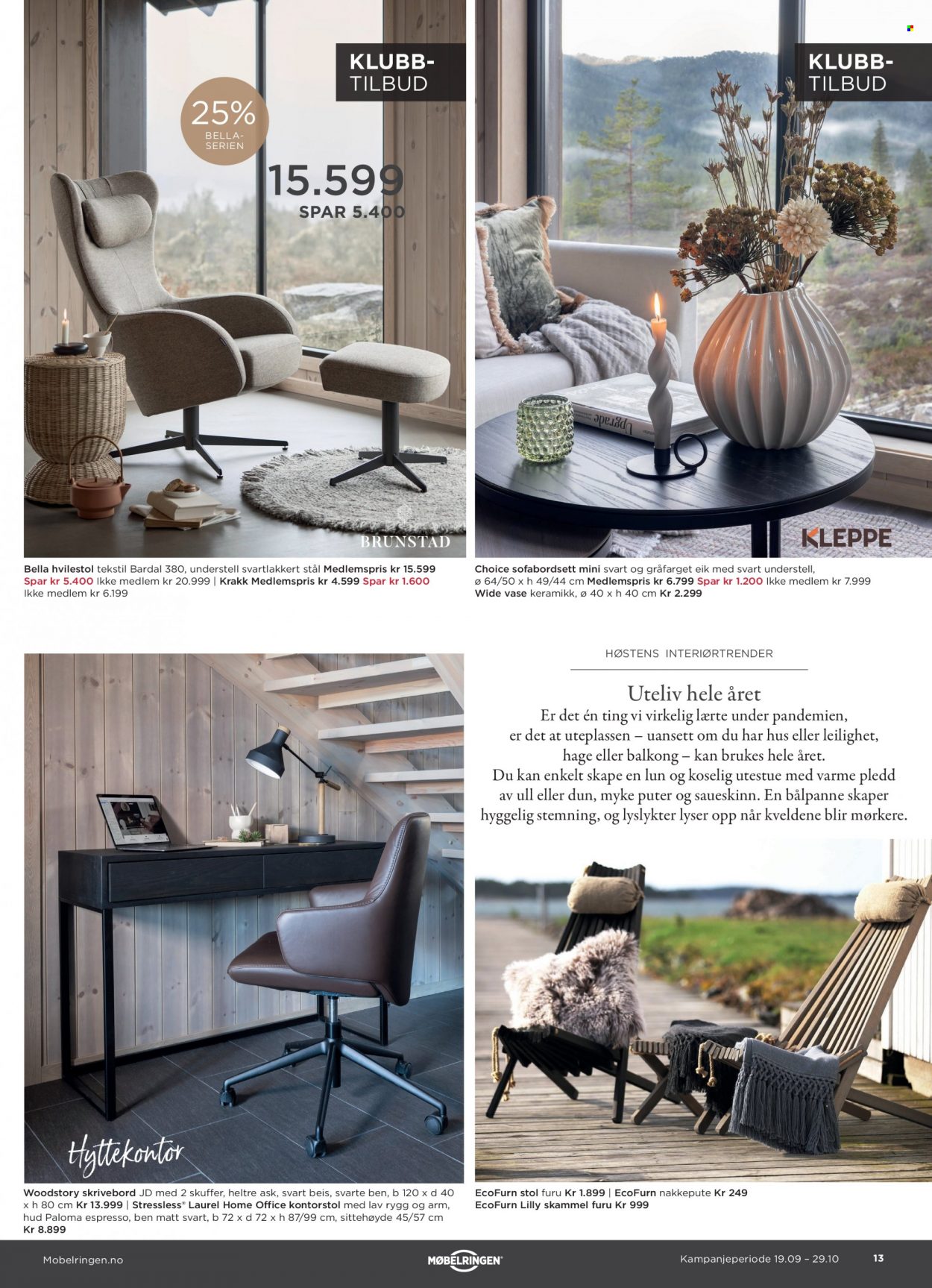 thumbnail - Kundeavis Møbelringen - 19.9.2022 - 29.10.2022 - Produkter fra tilbudsaviser - pledd, pute, bord, krakk, stol, hvilestol, skrivebord, kontorstol. Side 13.