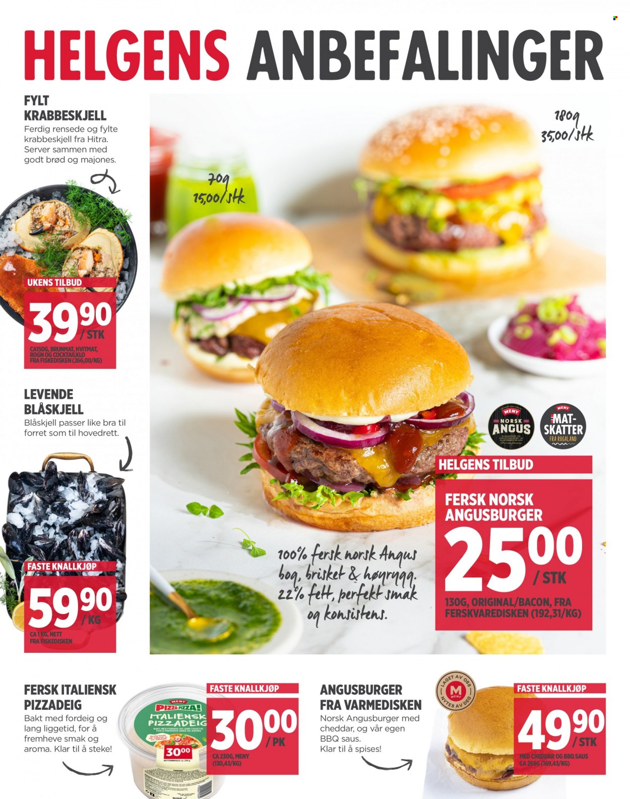 thumbnail - Kundeavis MENY - 29.9.2022 - 1.10.2022 - Produkter fra tilbudsaviser - burger, brød, blåskjell, krabbeskjell, bacon, Cheddar, majones. Side 4.